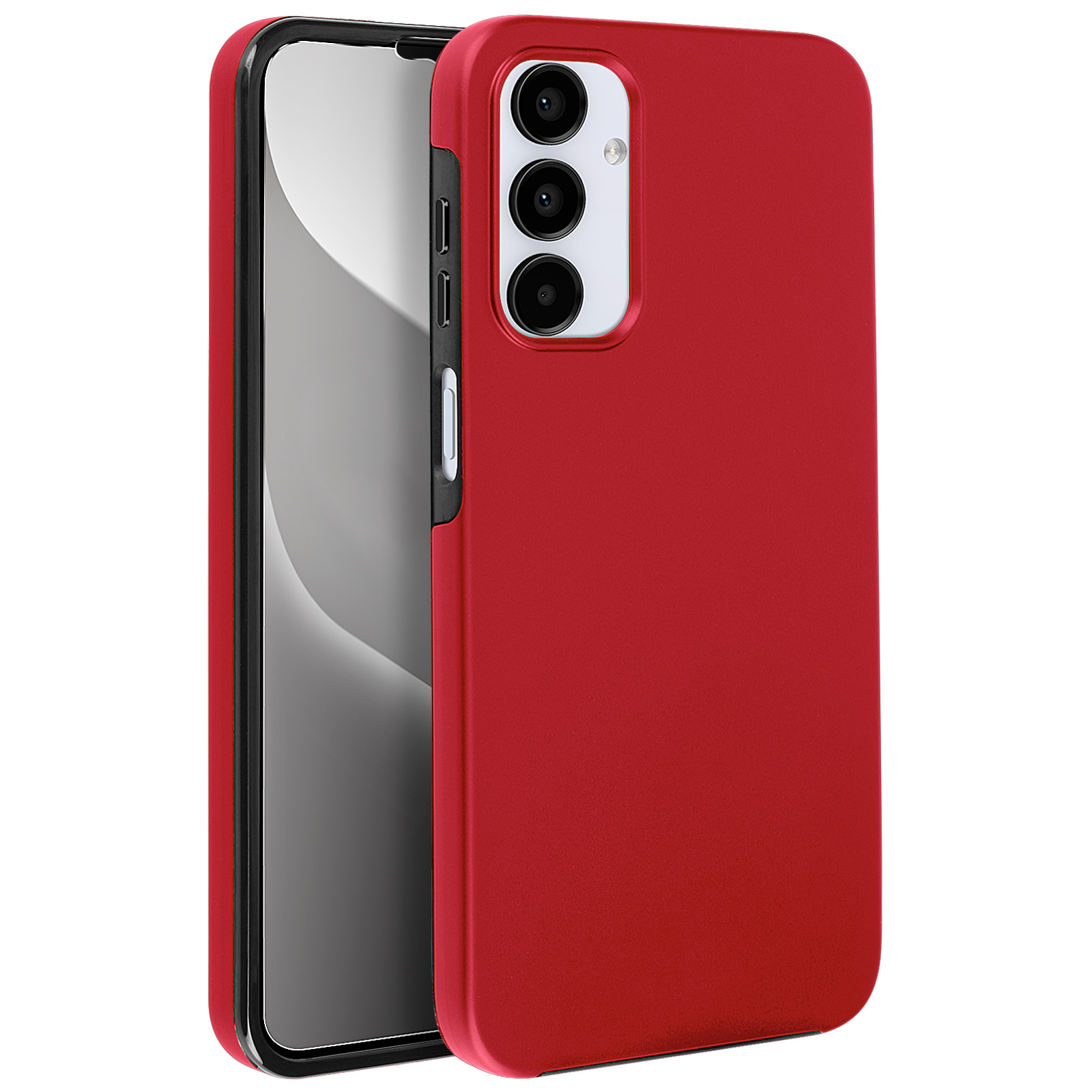 Custodia rossa con telefono all'interno, che mostra fotocamera e pulsanti.