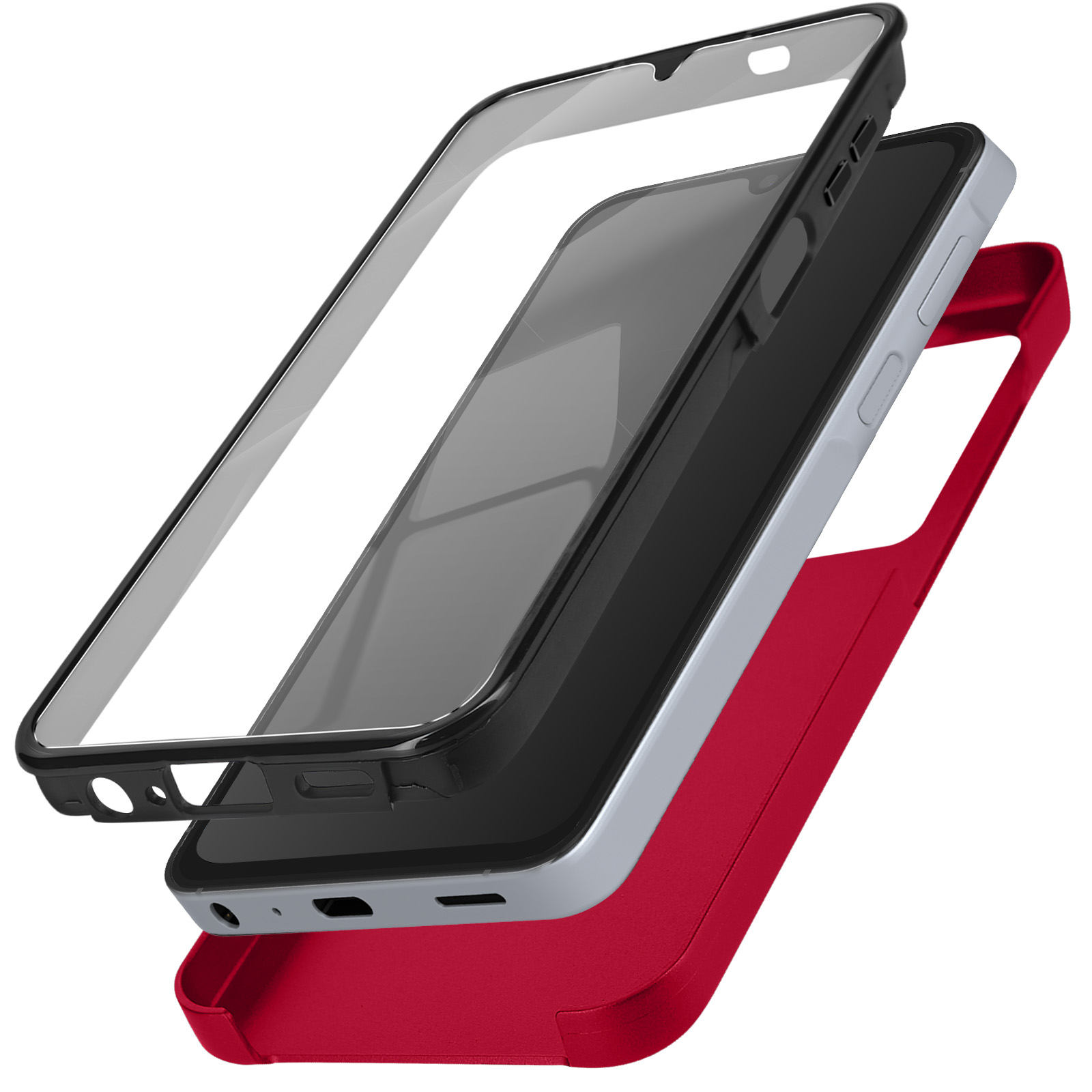 Strati di custodia del telefono esplosi. Cornice nera esterna, telefono nero interno, cover posteriore rossa.