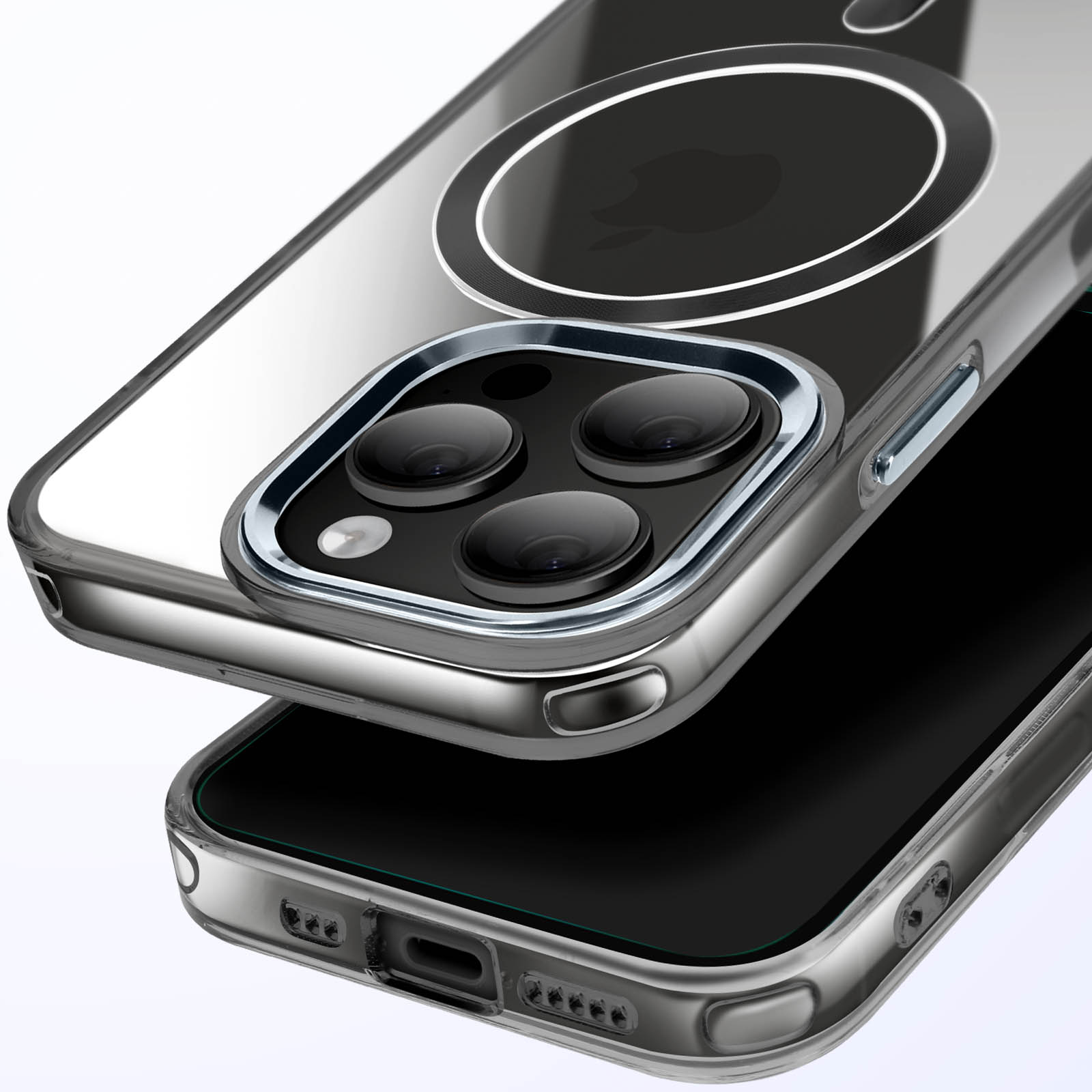Primo piano di una custodia trasparente con un anello d'argento e il logo Apple nero. Telefono nero all'interno.