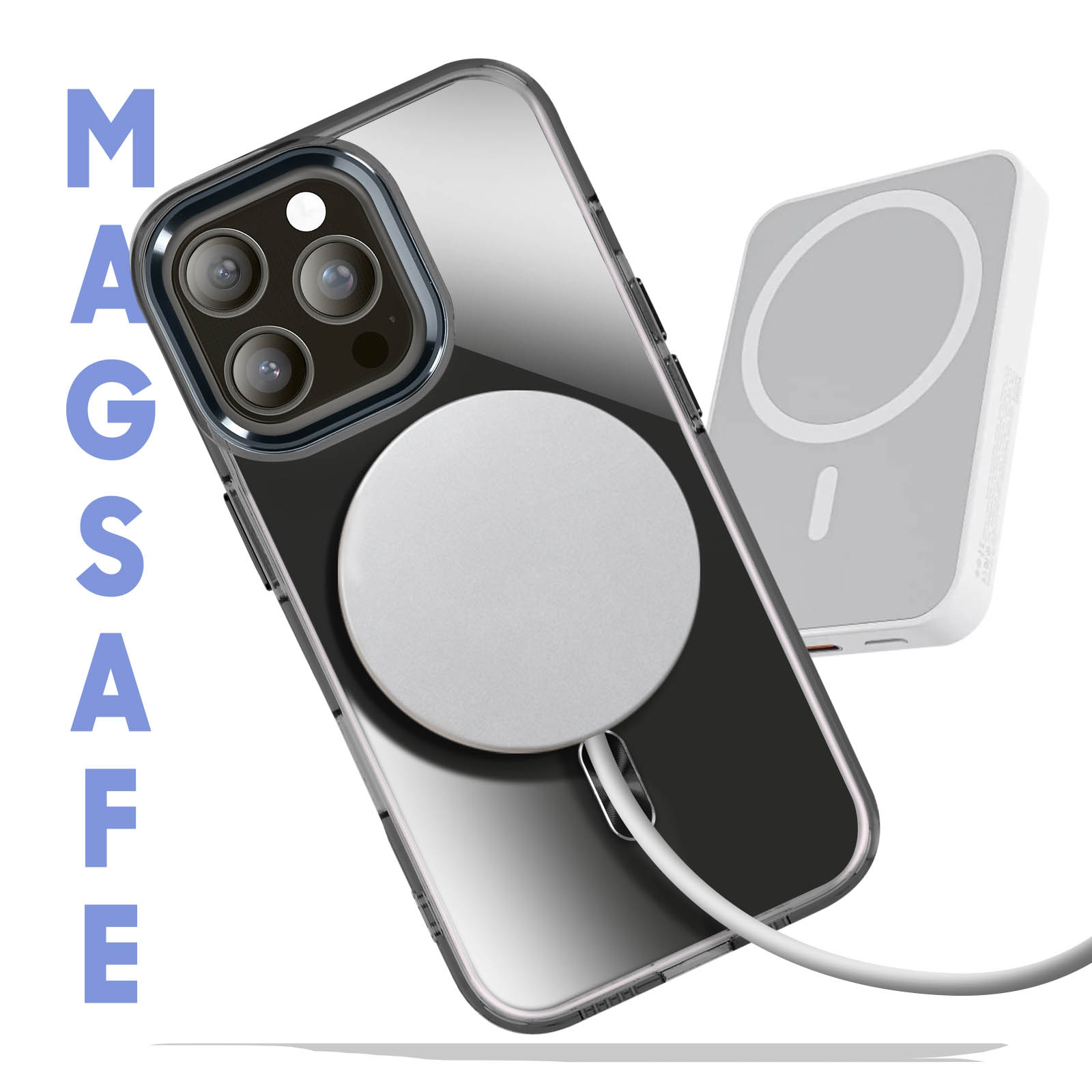 Telefono con custodia MagSafe e caricatore. Cavo bianco e telefono a destra.
