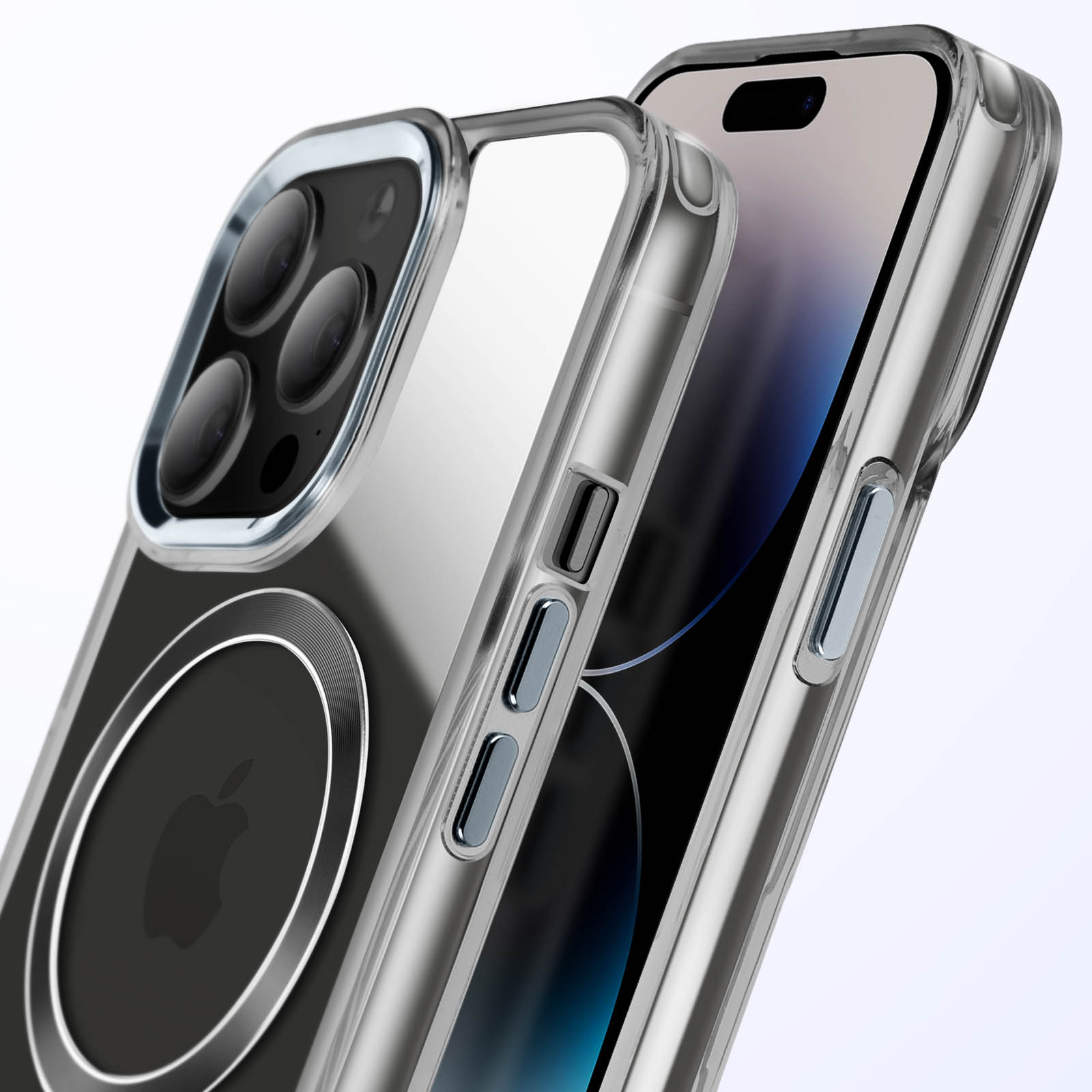 Custodia trasparente per iPhone con obiettivi della fotocamera visibili. Metallo argentato intorno agli obiettivi.