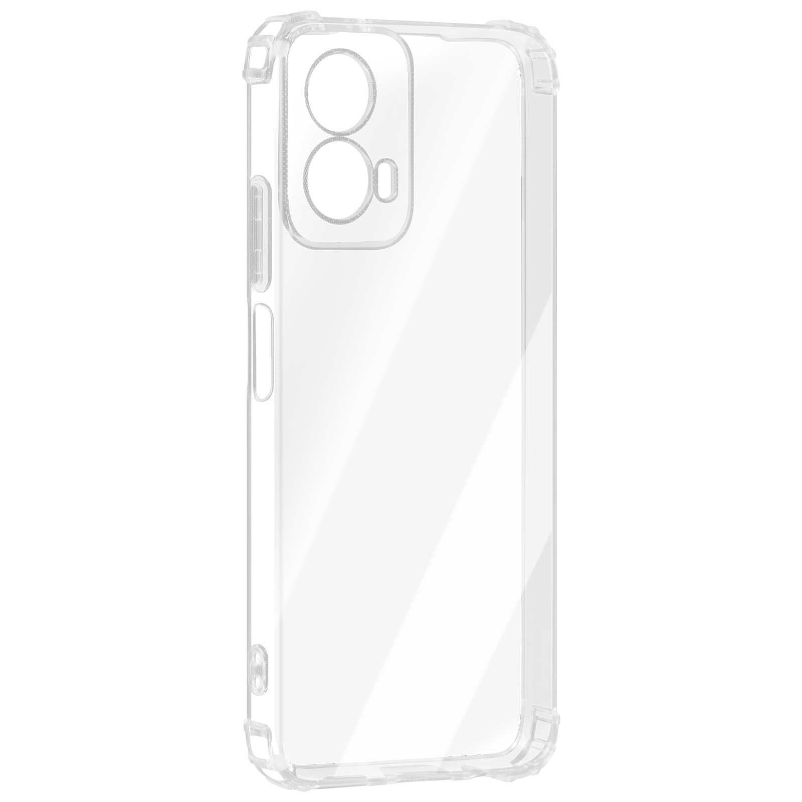 Custodia trasparente per telefono su sfondo bianco. La custodia è trasparente con ritagli per la fotocamera.