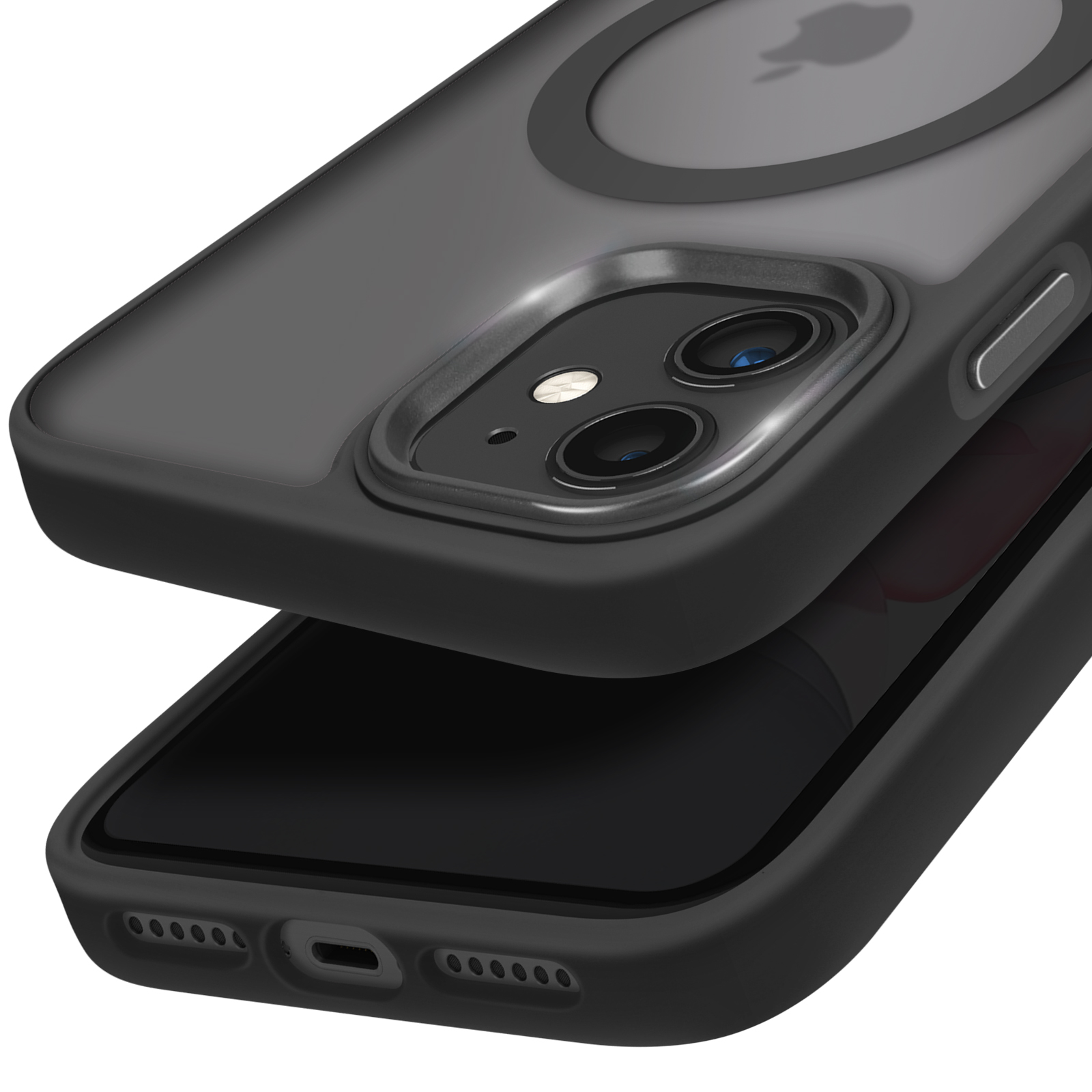 Due custodie nere per telefono, una che copre parzialmente l'altra, logo Apple e ritagli della fotocamera visibili, sfondo bianco.