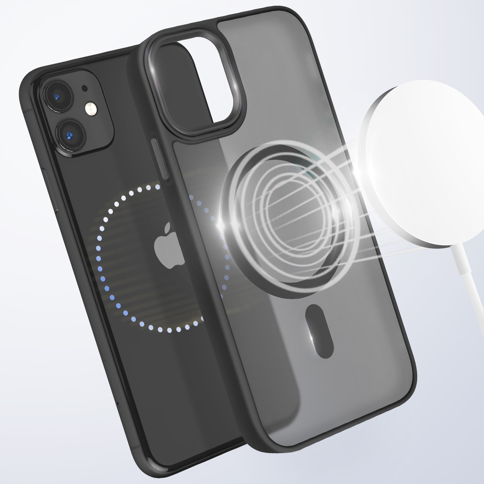 Telefono nero con custodia nera e caricatore bianco. Il logo Apple è visibile.