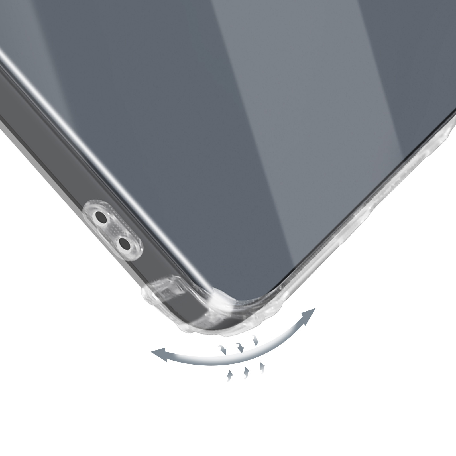 Primo piano di una custodia per telefono. La custodia è trasparente e ha un design curvo, con frecce che puntano verso il basso.