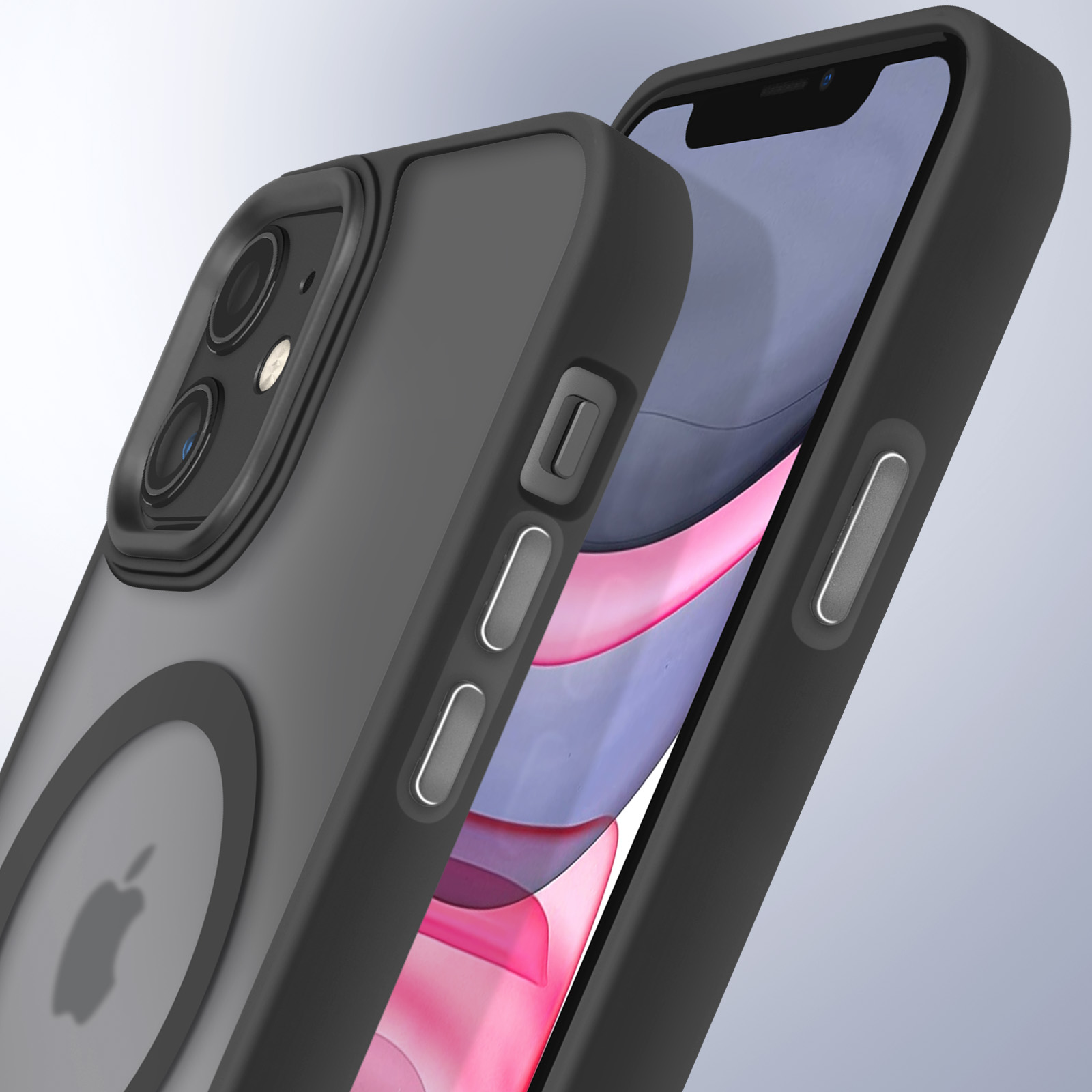 Un telefono nero con una custodia. La custodia ha un logo a forma di mela magnetico. Lo sfondo è azzurro.