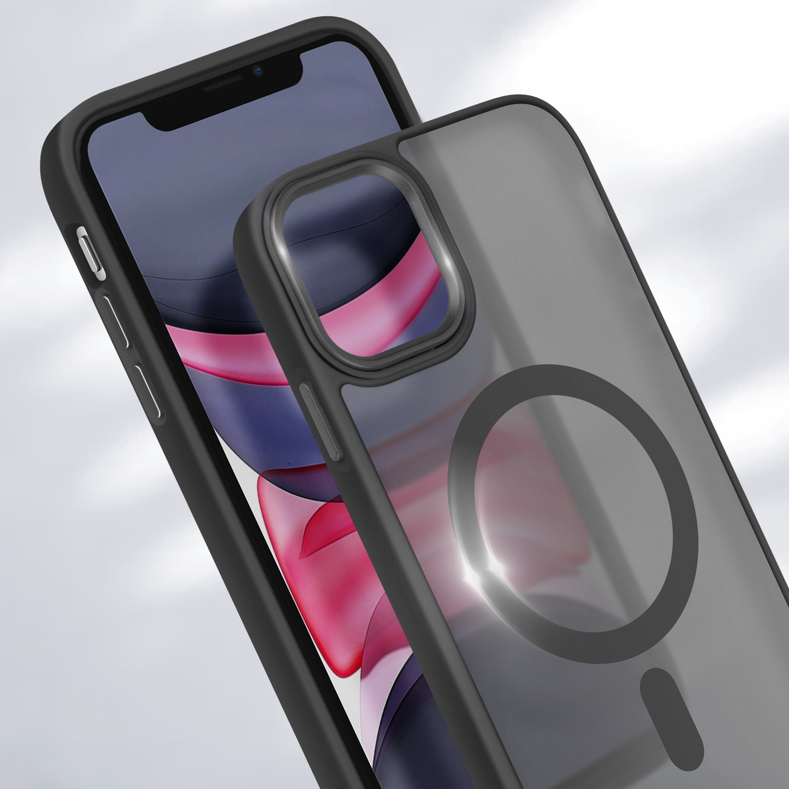 Un telefono nero all'interno di una custodia grigia. La custodia ha un cerchio per un attacco magnetico. Il telefono è visibile.