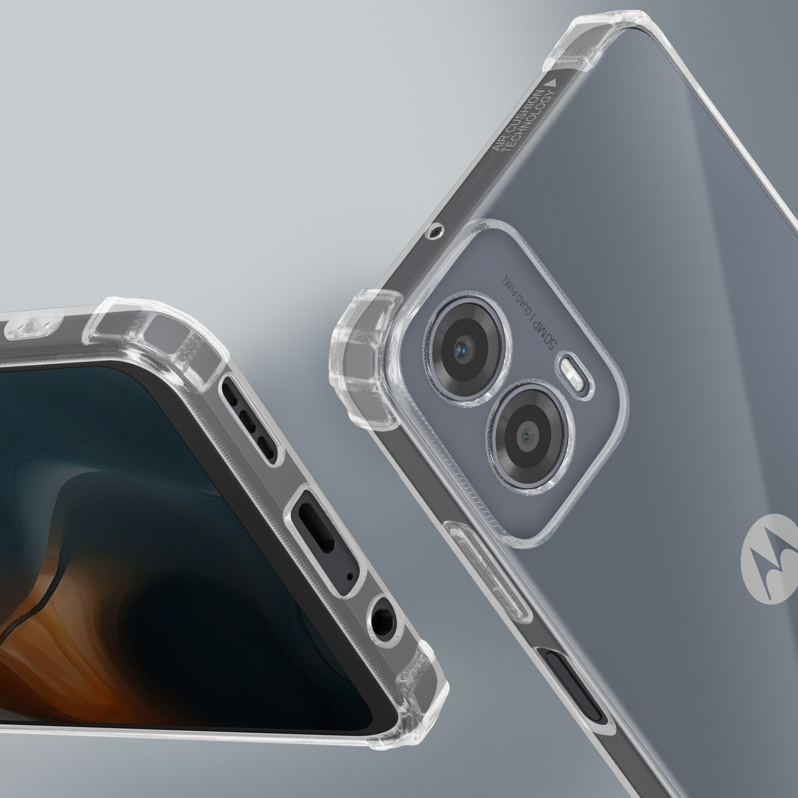 Custodia trasparente con bordi trasparenti, che mostra fotocamera e bordi del telefono.