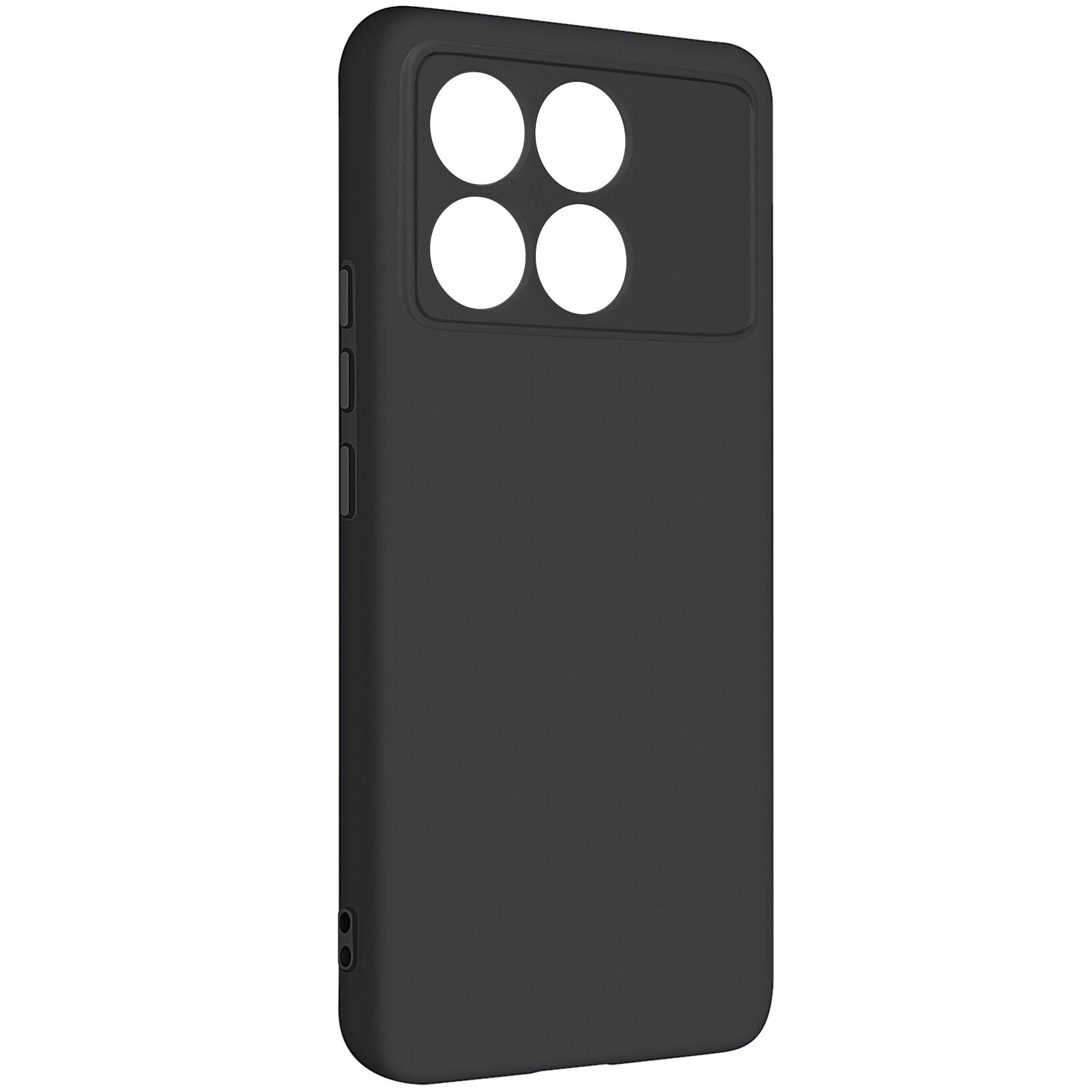Custodia nera per telefono. Quattro ritagli per fotocamera. Sfondo nero. Tasti laterali visibili.