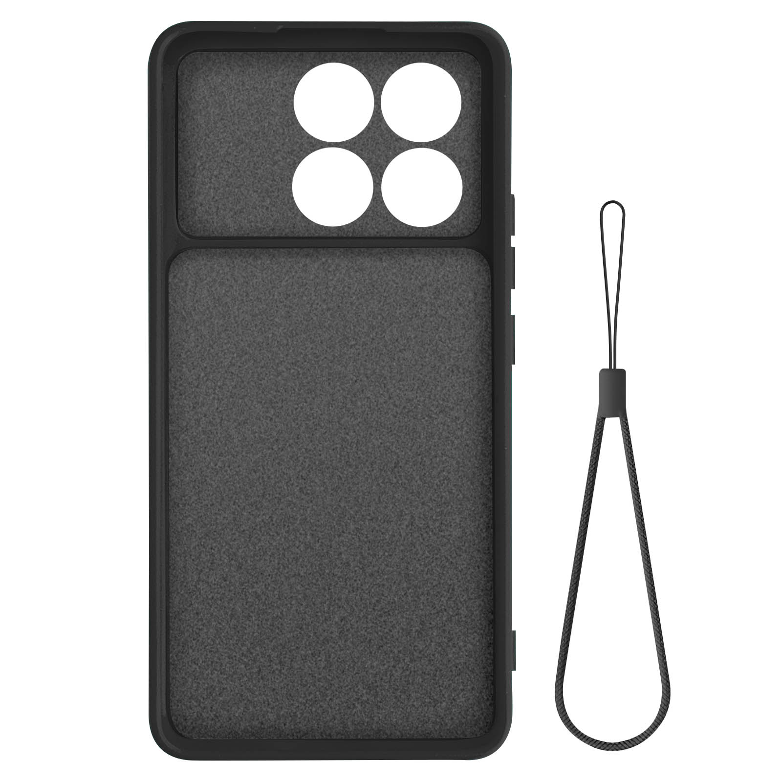 Una custodia nera per telefono con quattro fori per la fotocamera e un anello per il cordino. L'interno ha un motivo strutturato.
