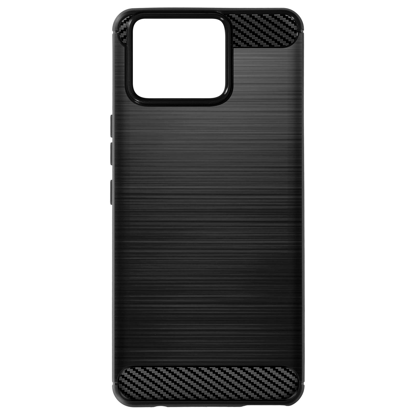 Funda de teléfono negra con textura de fibra de carbono. La funda tiene un recorte para la cámara.