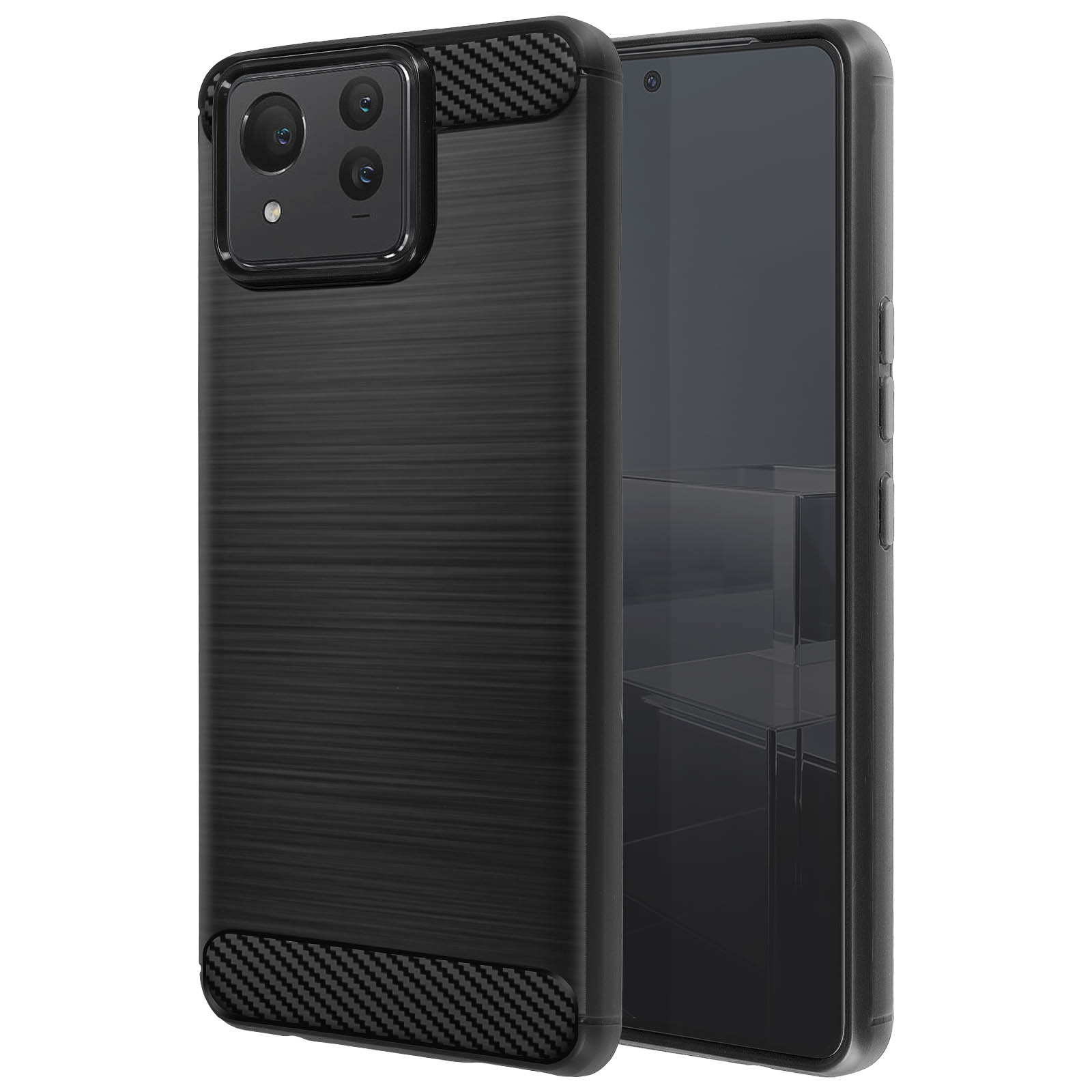 Funda negra para teléfono con detalles de fibra de carbono. La cámara es visible.