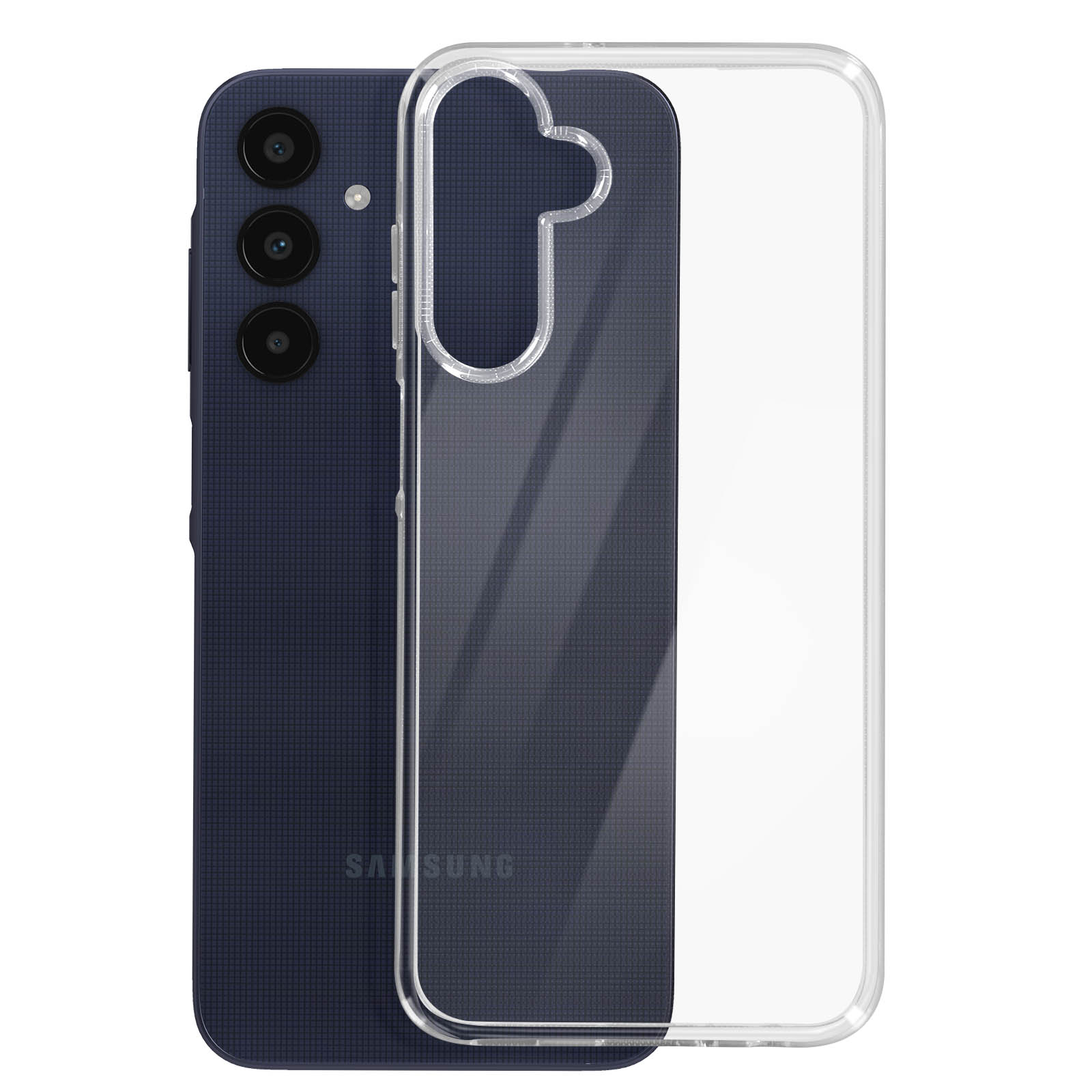 Custodia per telefono blu scuro con telefono. Retro trasparente, che mostra il telefono all'interno.
