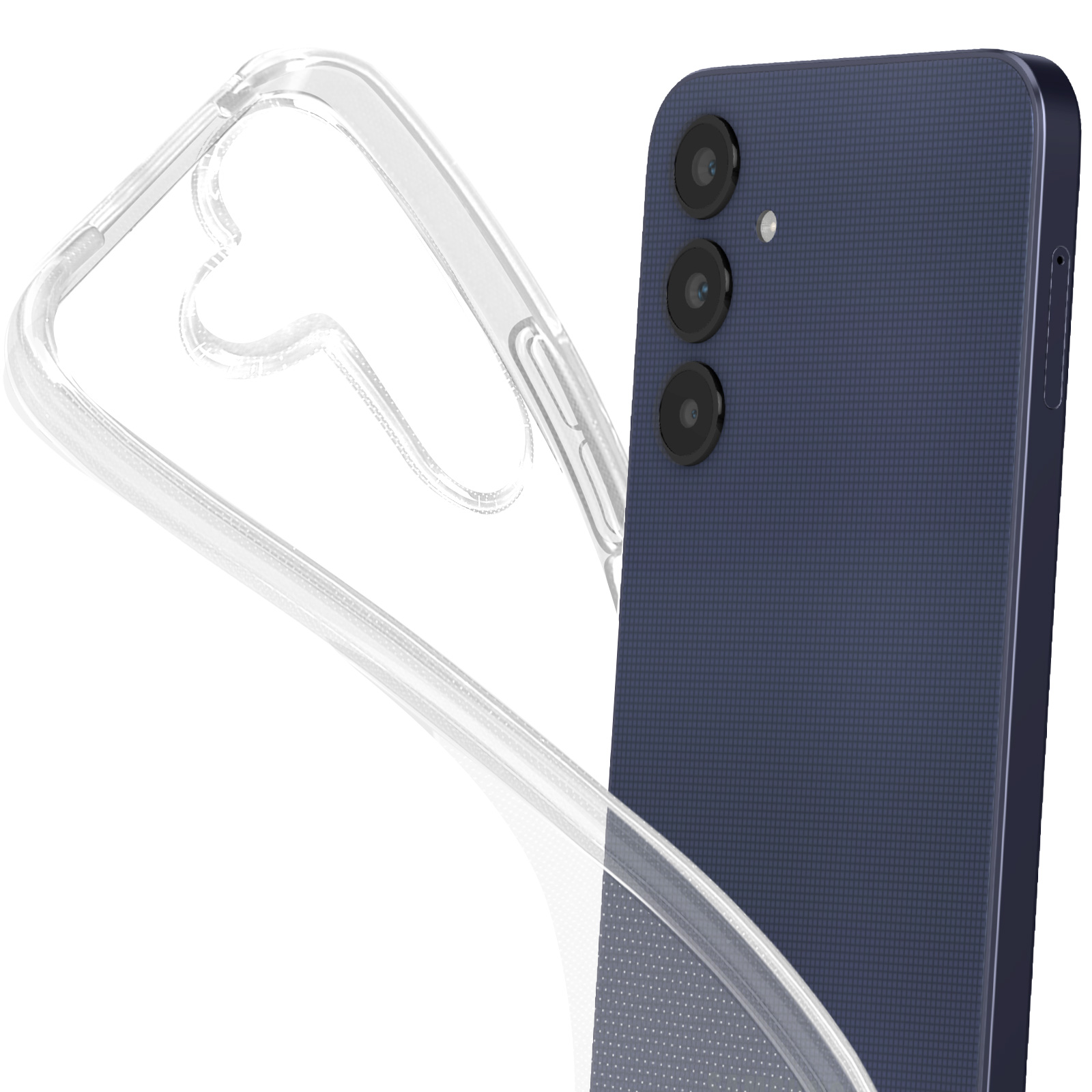 Un telefono blu scuro con una custodia trasparente. La custodia trasparente è curva lontano dal telefono.