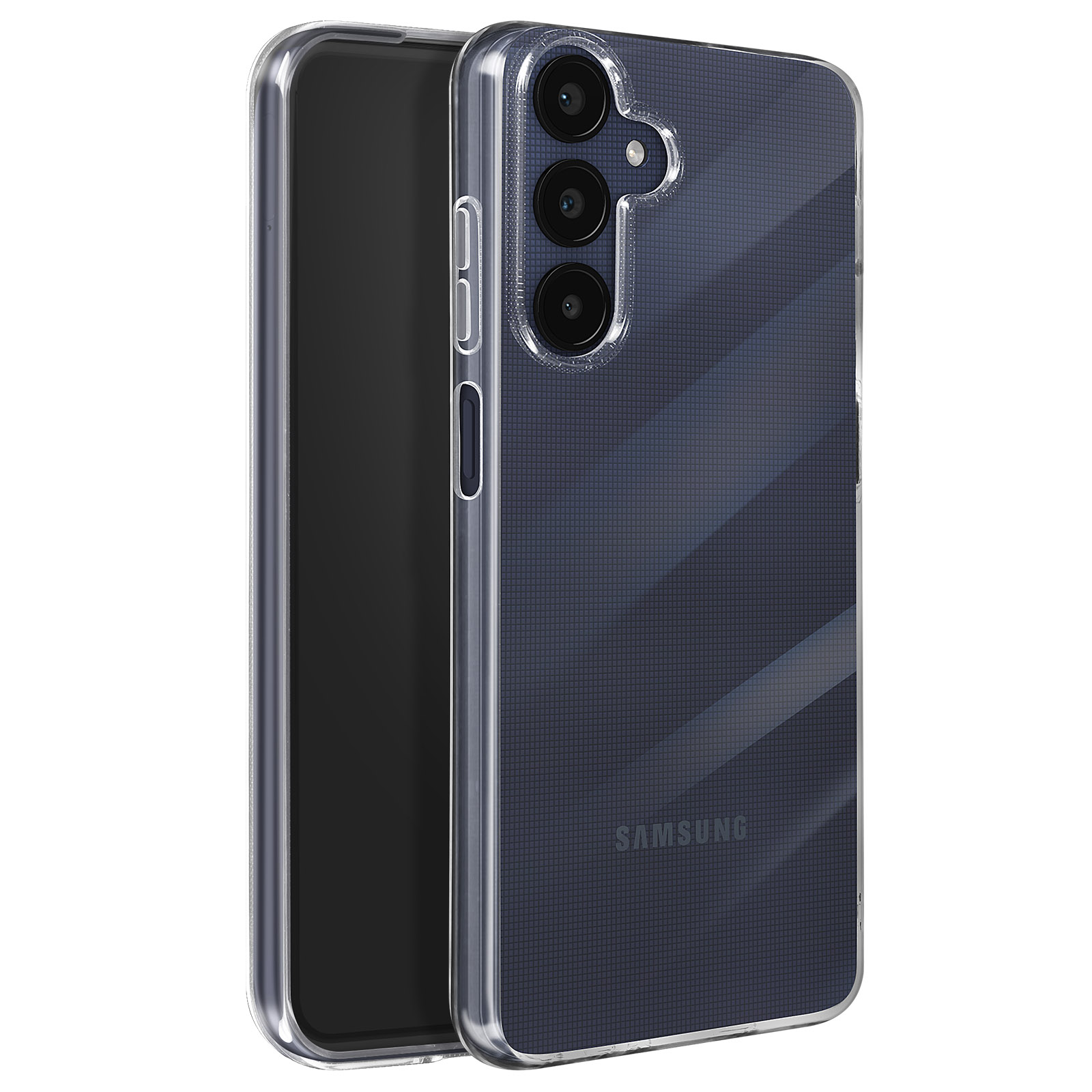 Un telefono in una custodia trasparente. Il telefono è nero e ha 3 fotocamere. La custodia è trasparente con un motivo a pois.