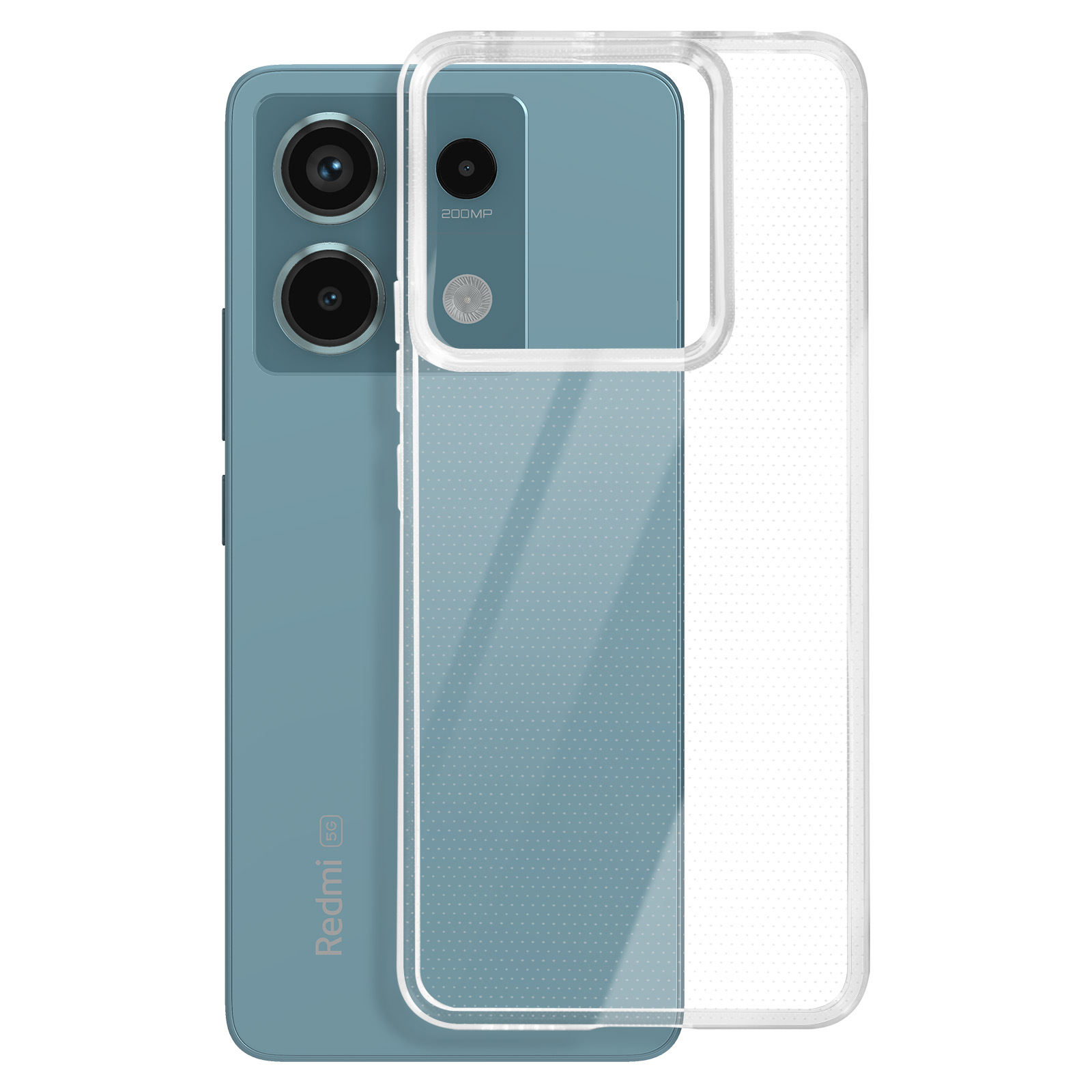Telefono con custodia trasparente. Il telefono è blu con due fotocamere.
