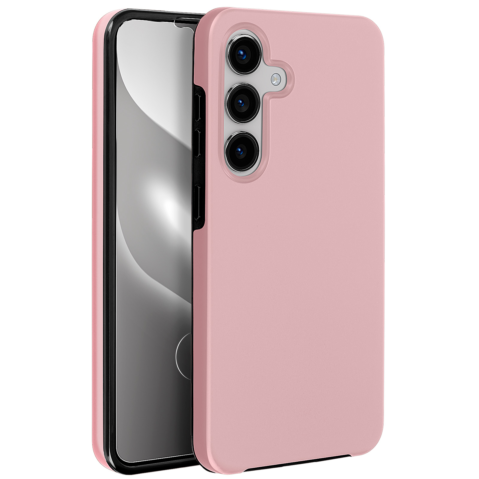Custodia rosa su smartphone, mostra la fotocamera. Lo schermo è visibile.