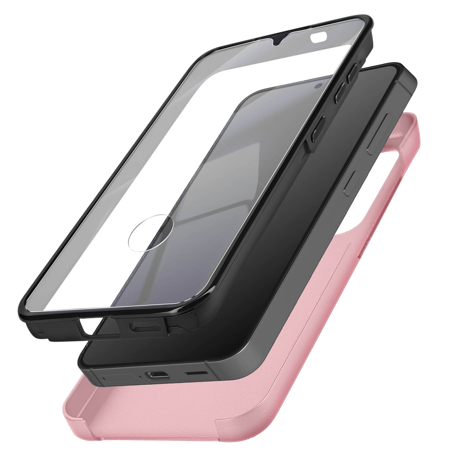 Vista esplosa di una custodia per telefono. Cornice nera, protezione schermo trasparente e retro rosa.