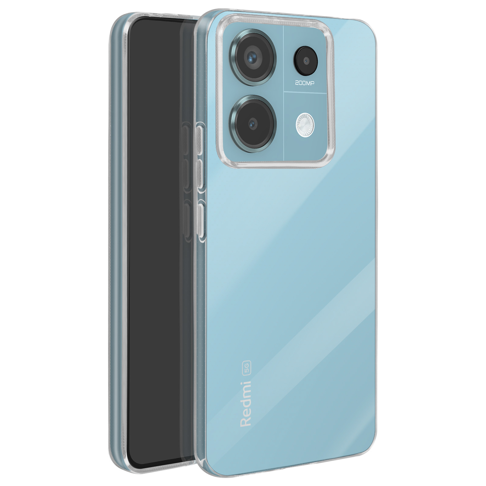 Telefono blu in una custodia trasparente. Il telefono ha due fotocamere. Lo sfondo è azzurro.