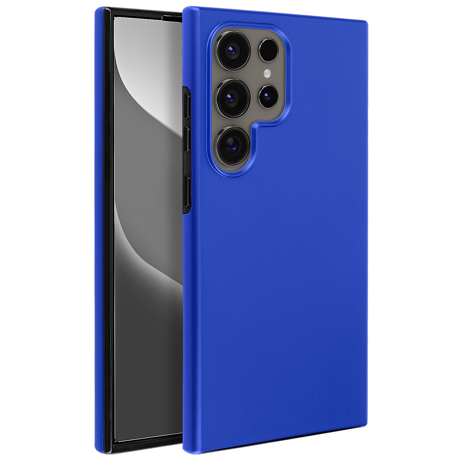 Un telefono con una custodia blu. La custodia è sul telefono. Il telefono ha tre fotocamere.