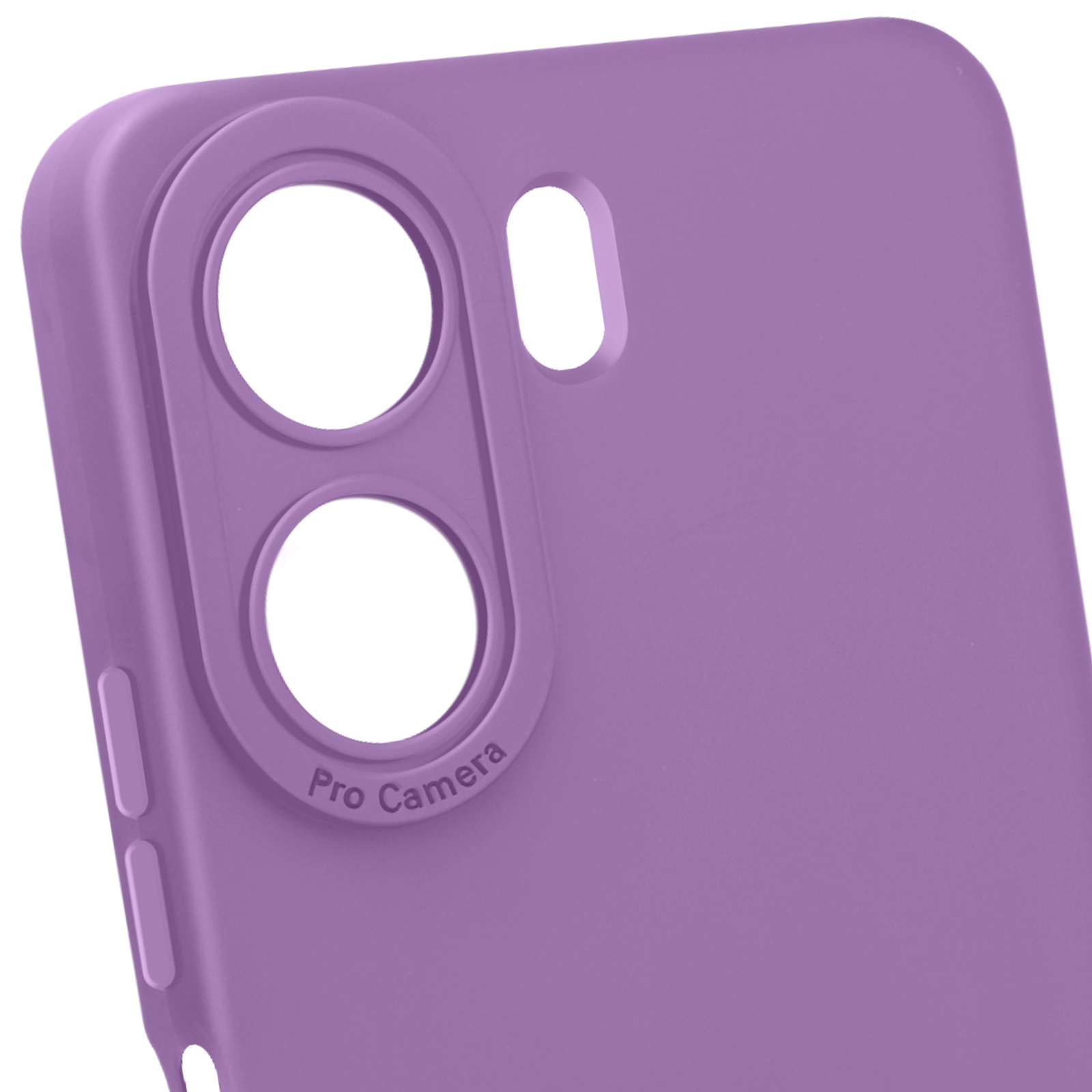Primo piano di una custodia lilla per telefono con ritagli per la fotocamera. Le parole "Pro Camera" sono visibili.