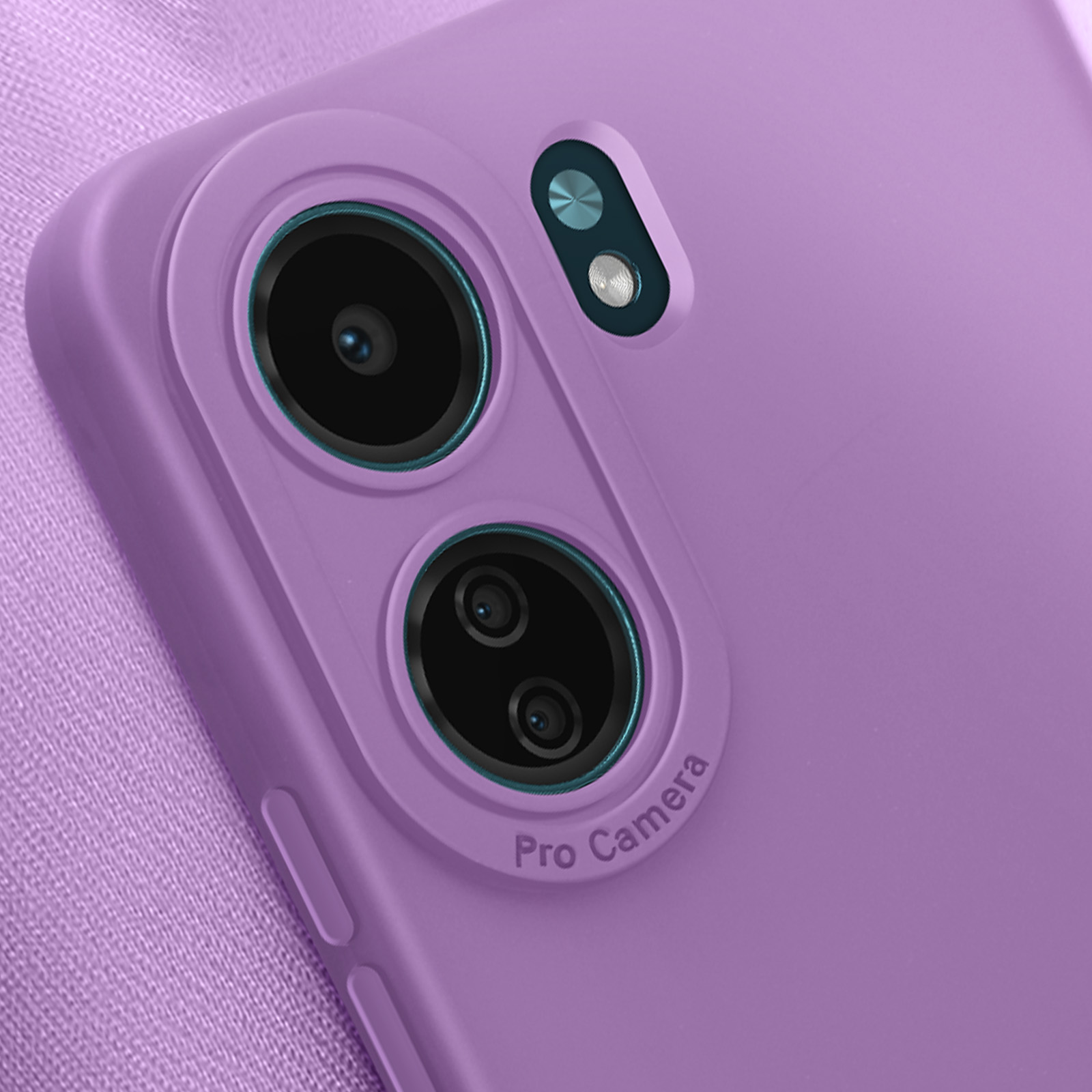 Primo piano di una custodia viola per telefono con fori per fotocamera, etichettata 'Pro Camera'.
