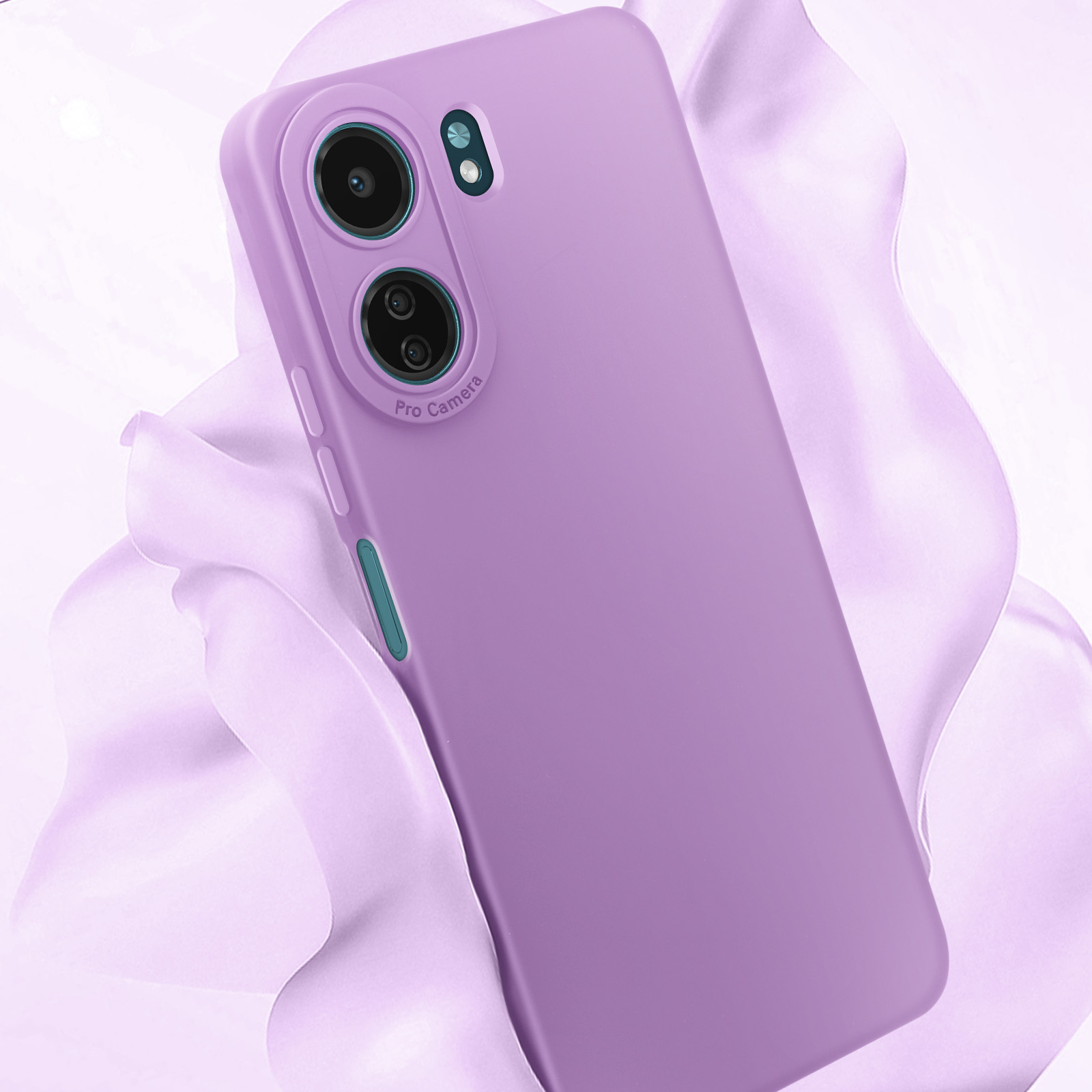 Una custodia per telefono lilla chiaro con un'area per la fotocamera. Il testo Pro Camera è sulla custodia. Un flusso viola sullo sfondo.