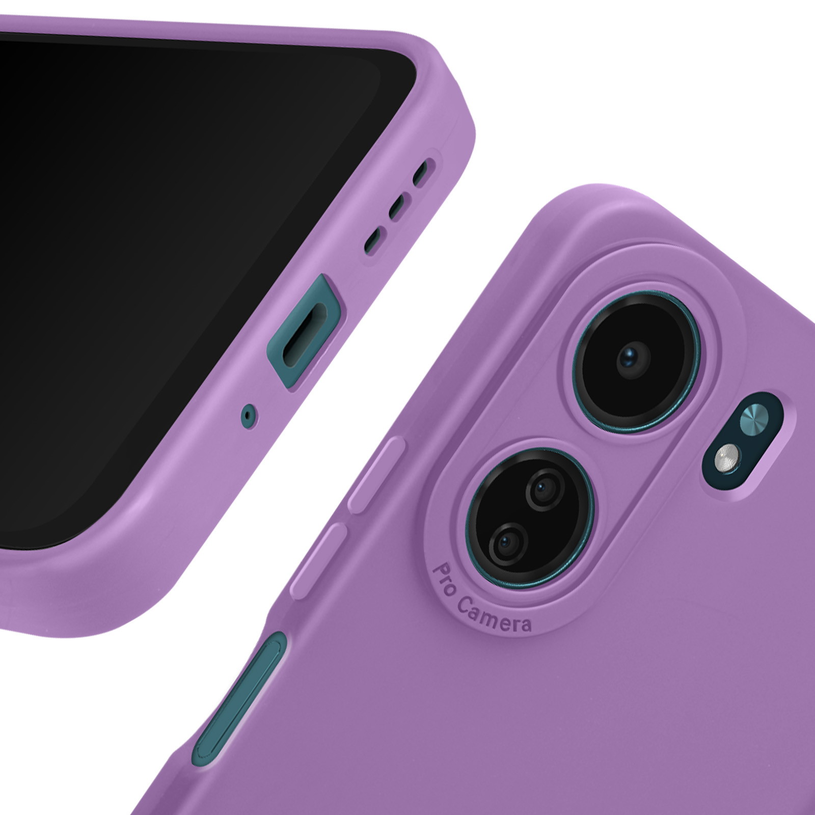 Custodia per telefono viola con un dettaglio della fotocamera e una custodia per telefono.
