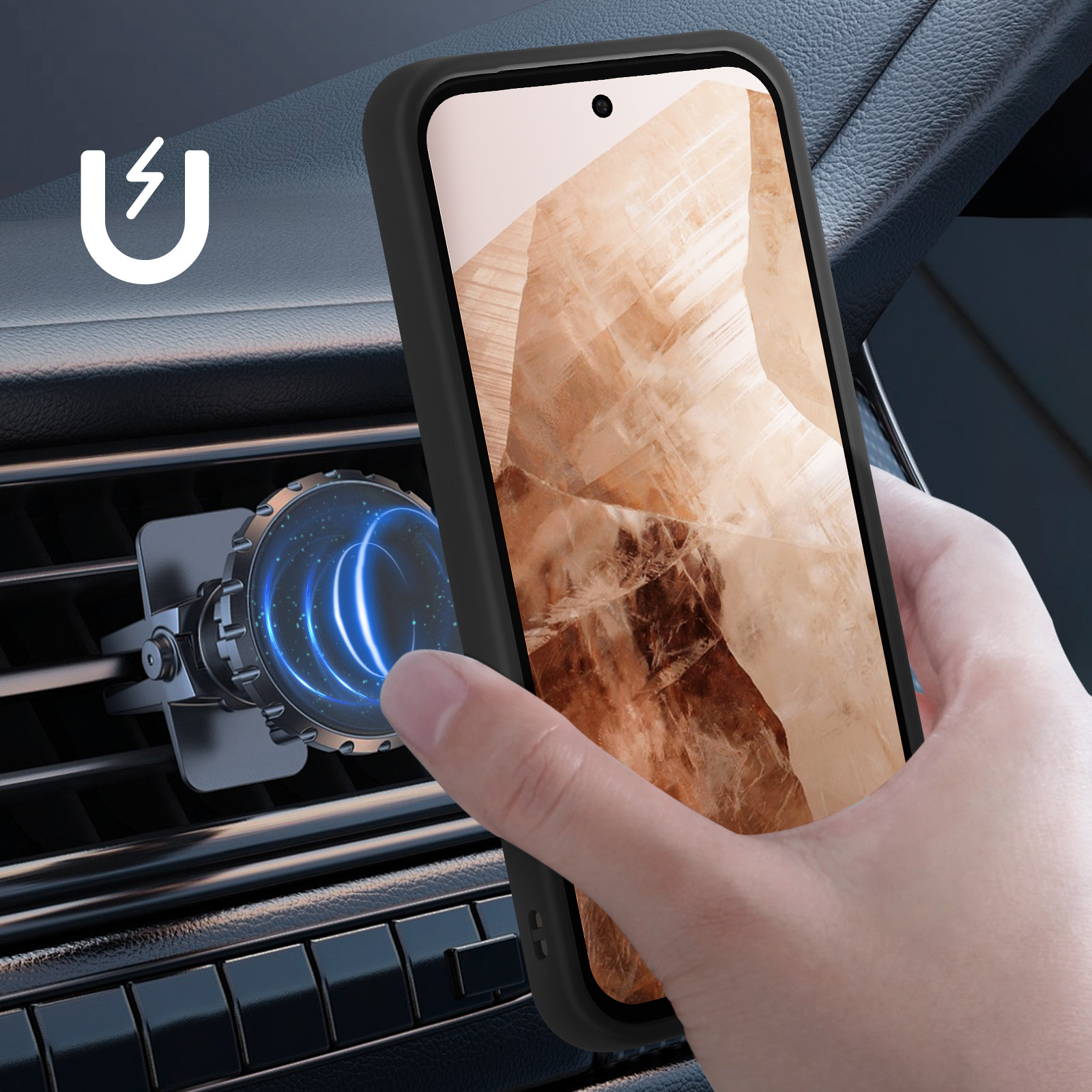 Telefono con custodia nera attaccato a bocchetta auto con supporto magnetico.