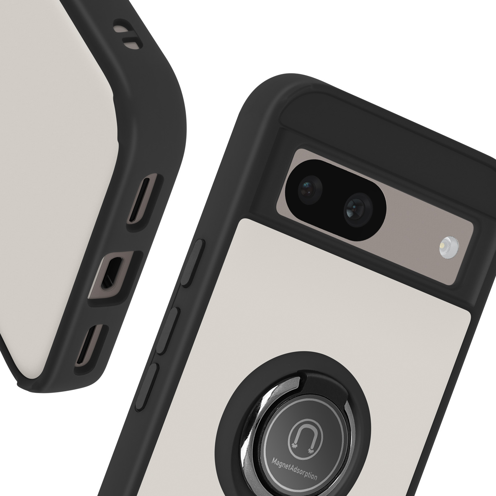 Custodia per telefono con dettagli neri e beige, un supporto ad anello e pulsanti laterali visibili.