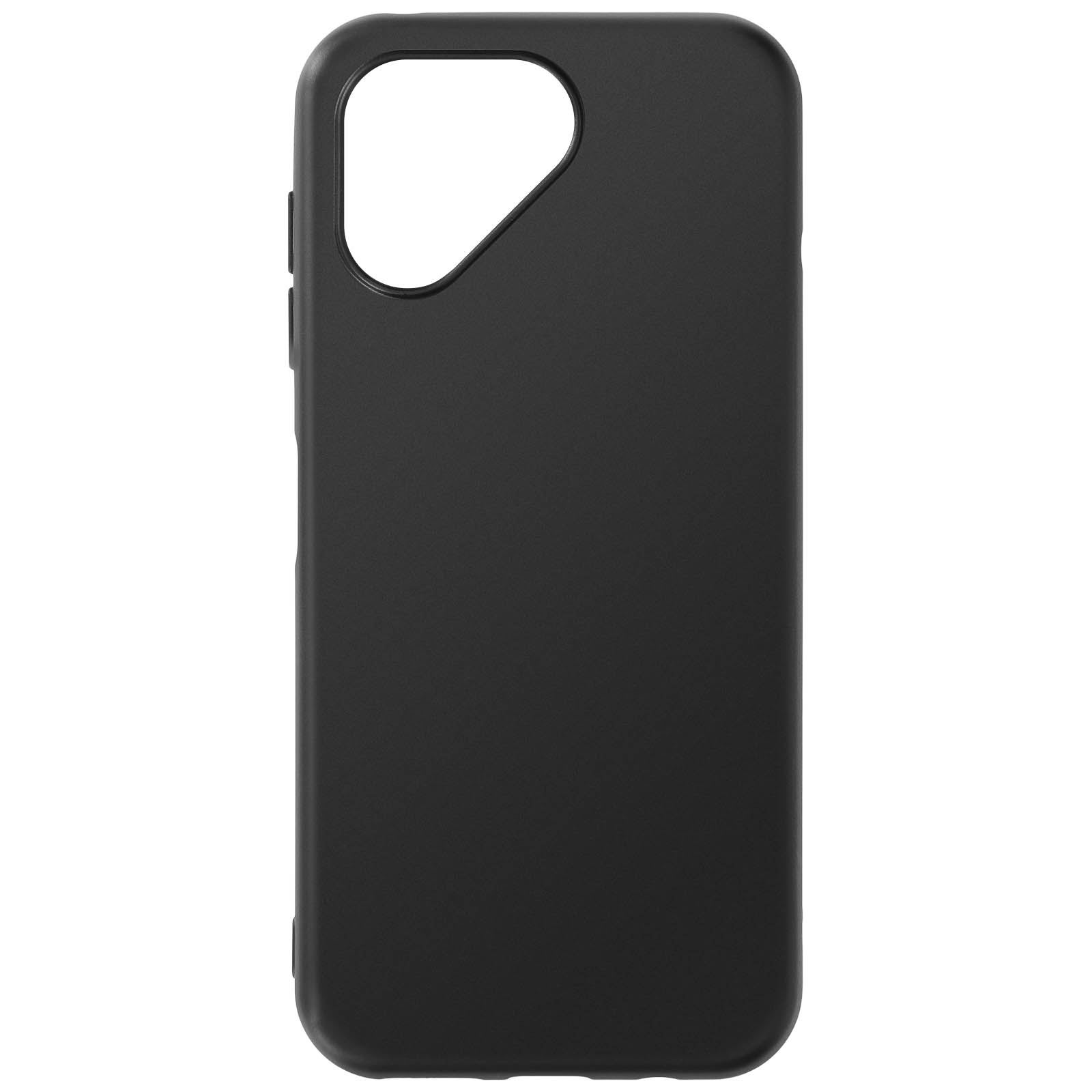Funda negra con recorte para la cámara y botones laterales. Fondo blanco.