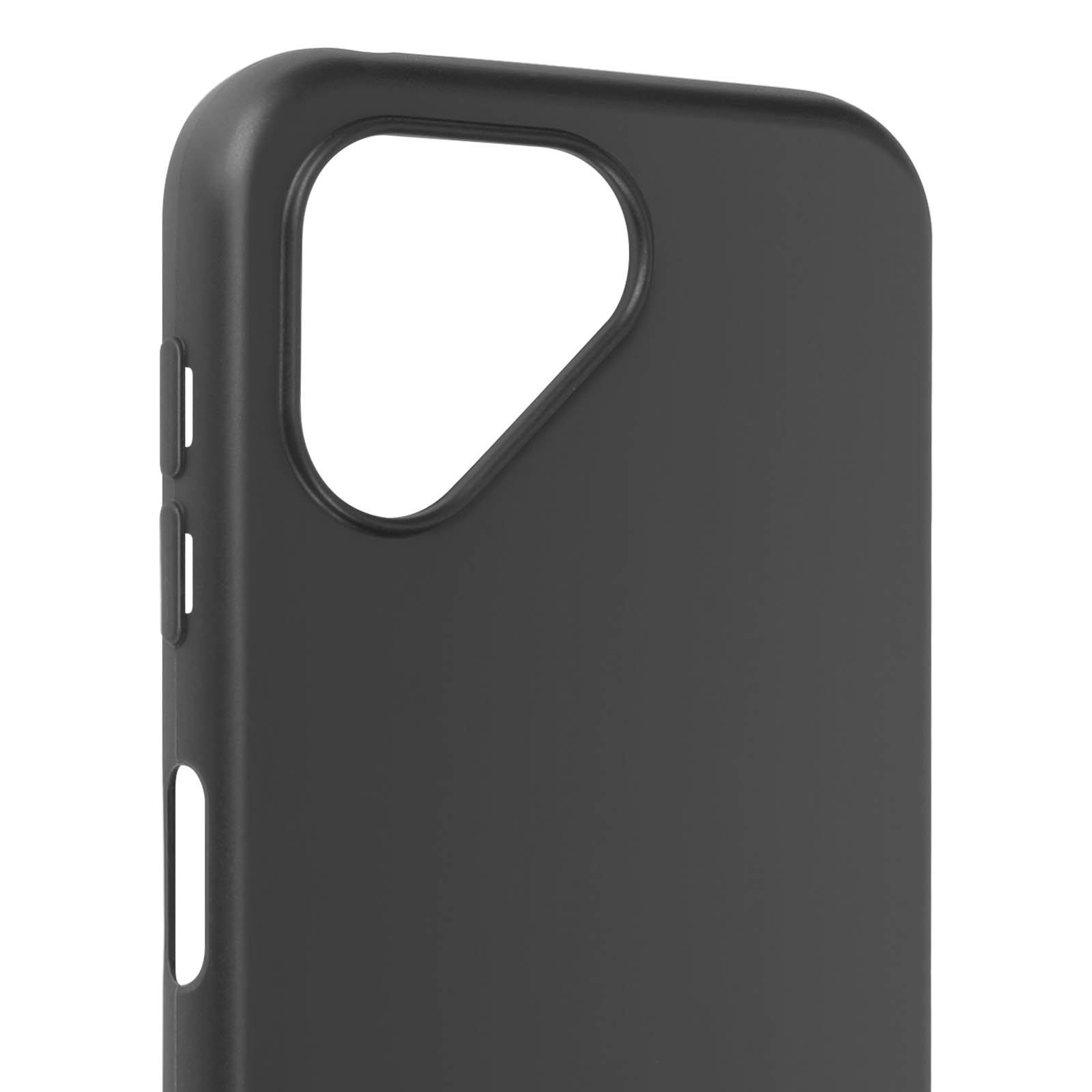 Funda negra para teléfono con apertura para la cámara. La funda es de material mate.