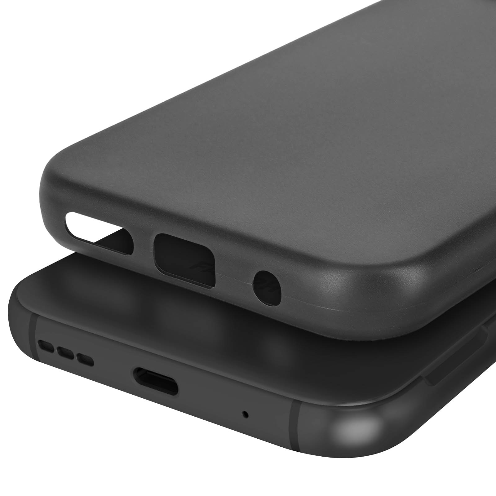 Dos fundas negras para teléfono, una apilada encima de la otra. La funda superior está ligeramente abierta.