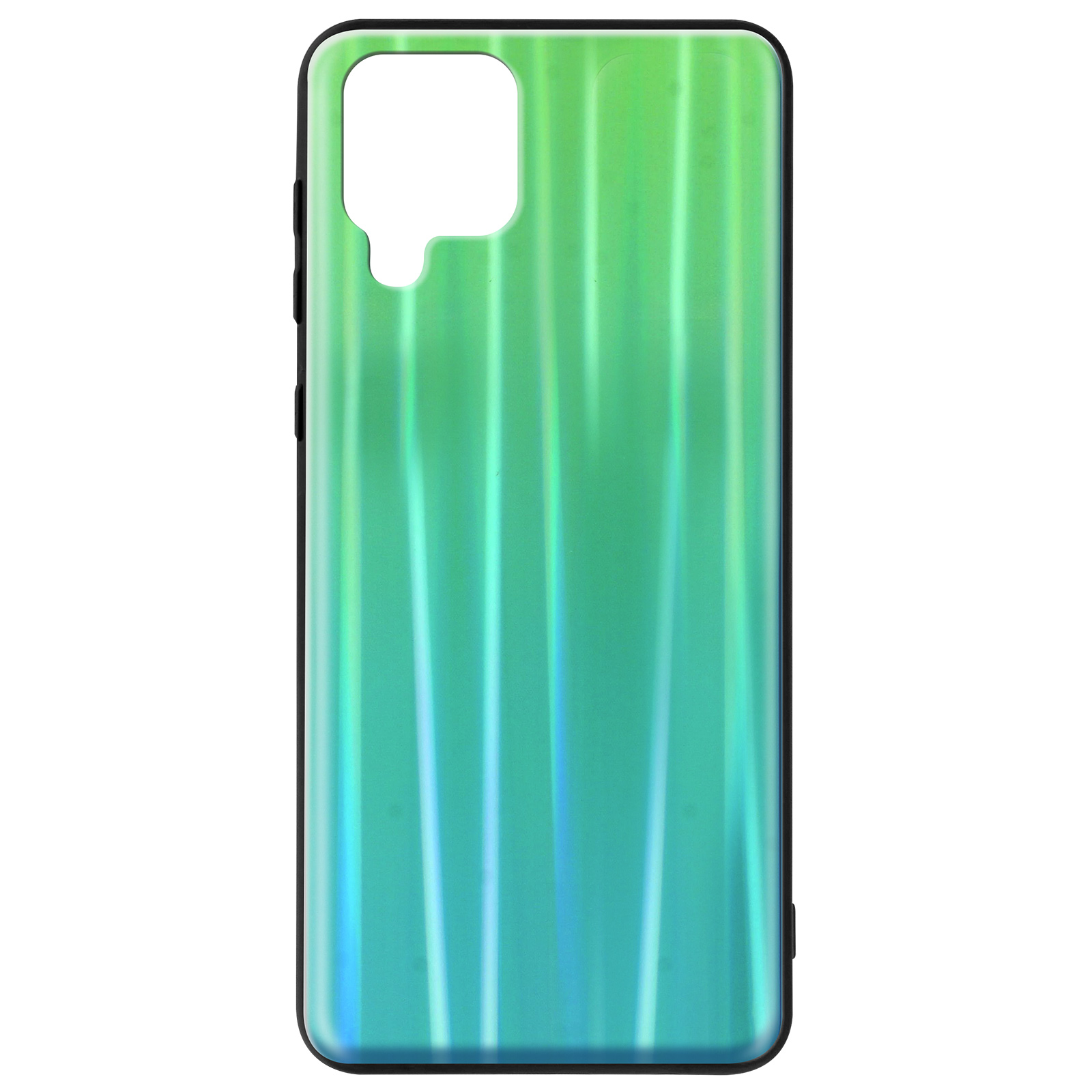 Una custodia per telefono verde e blu. La custodia ha un design a righe.