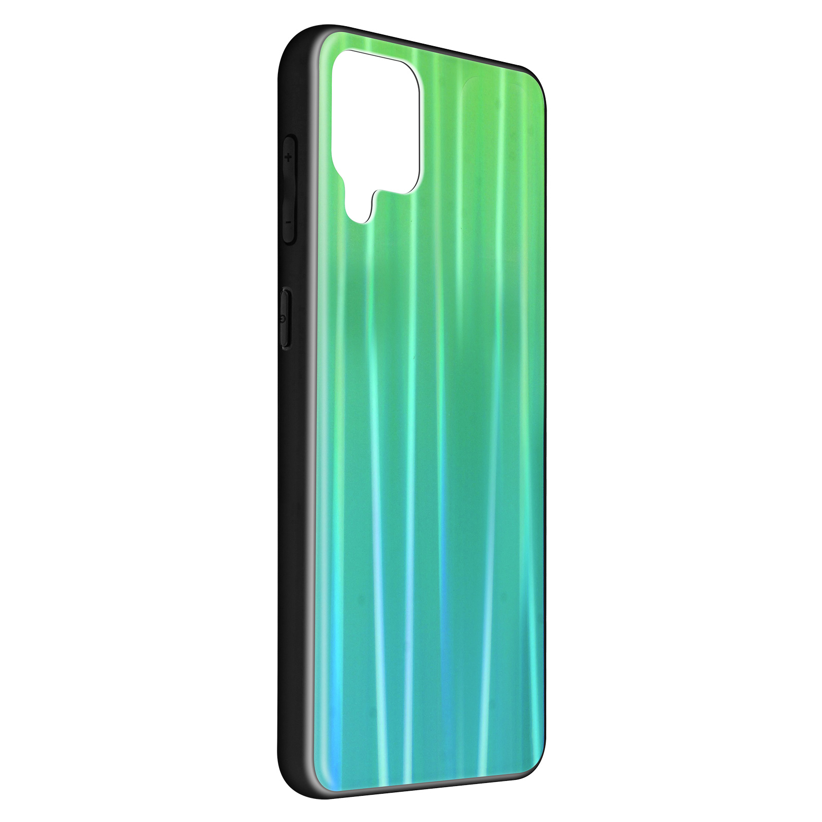 Custodia per telefono con gradiente verde e blu su un telefono nero.