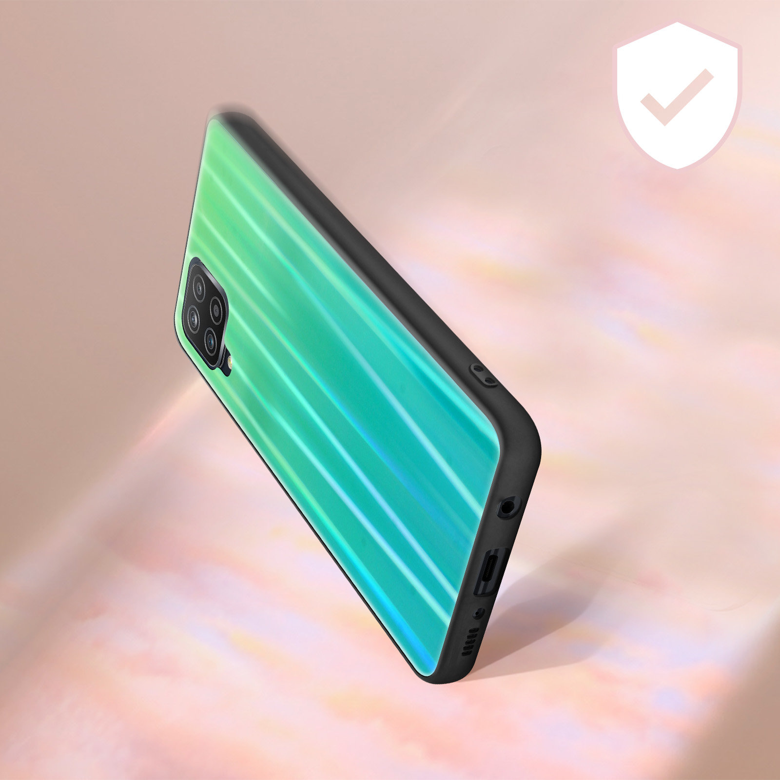 Custodia con design verde sfumato. Il telefono è angolato, con sfondo rosato.