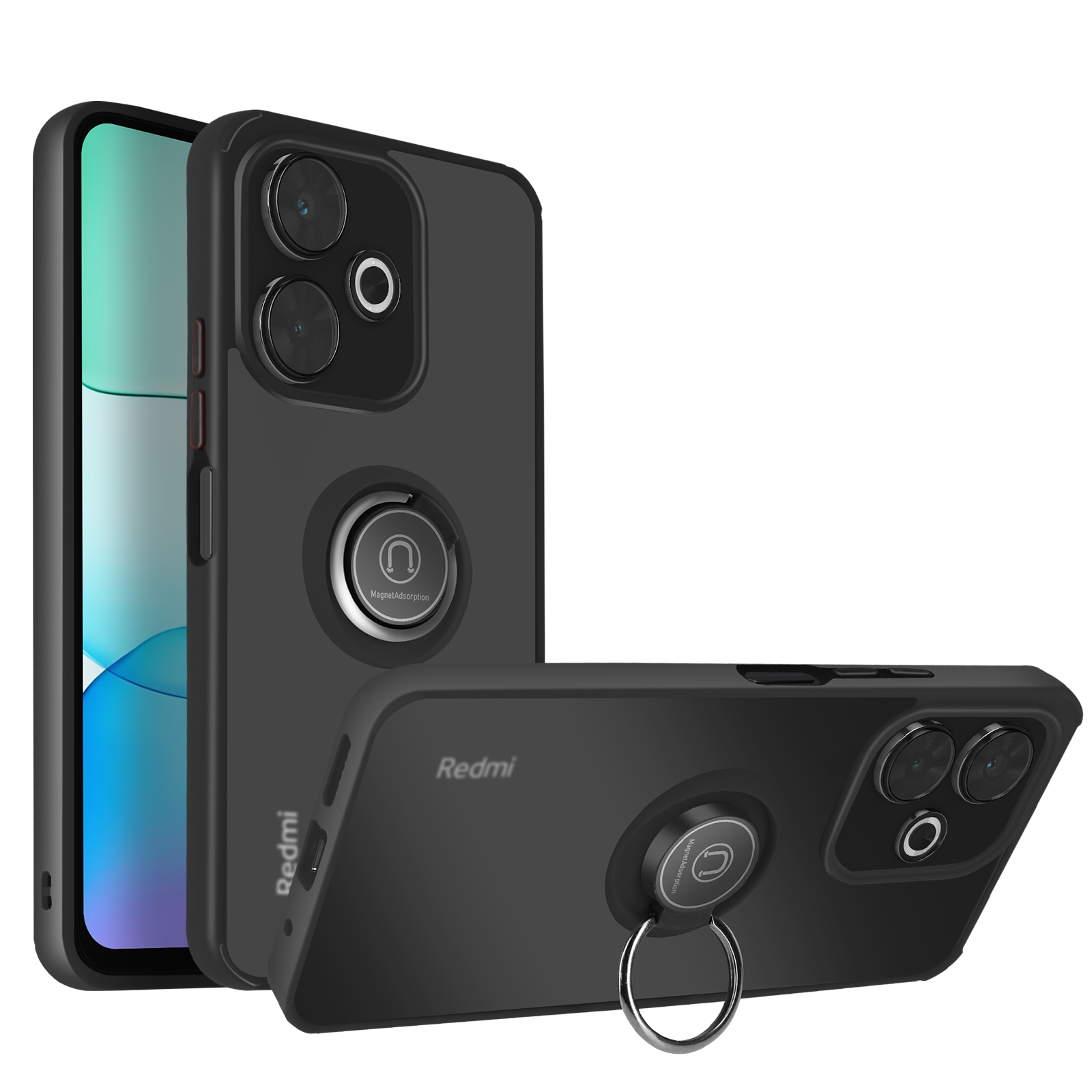 Custodia nera con anello. Logo Redmi e obiettivi della fotocamera visibili.