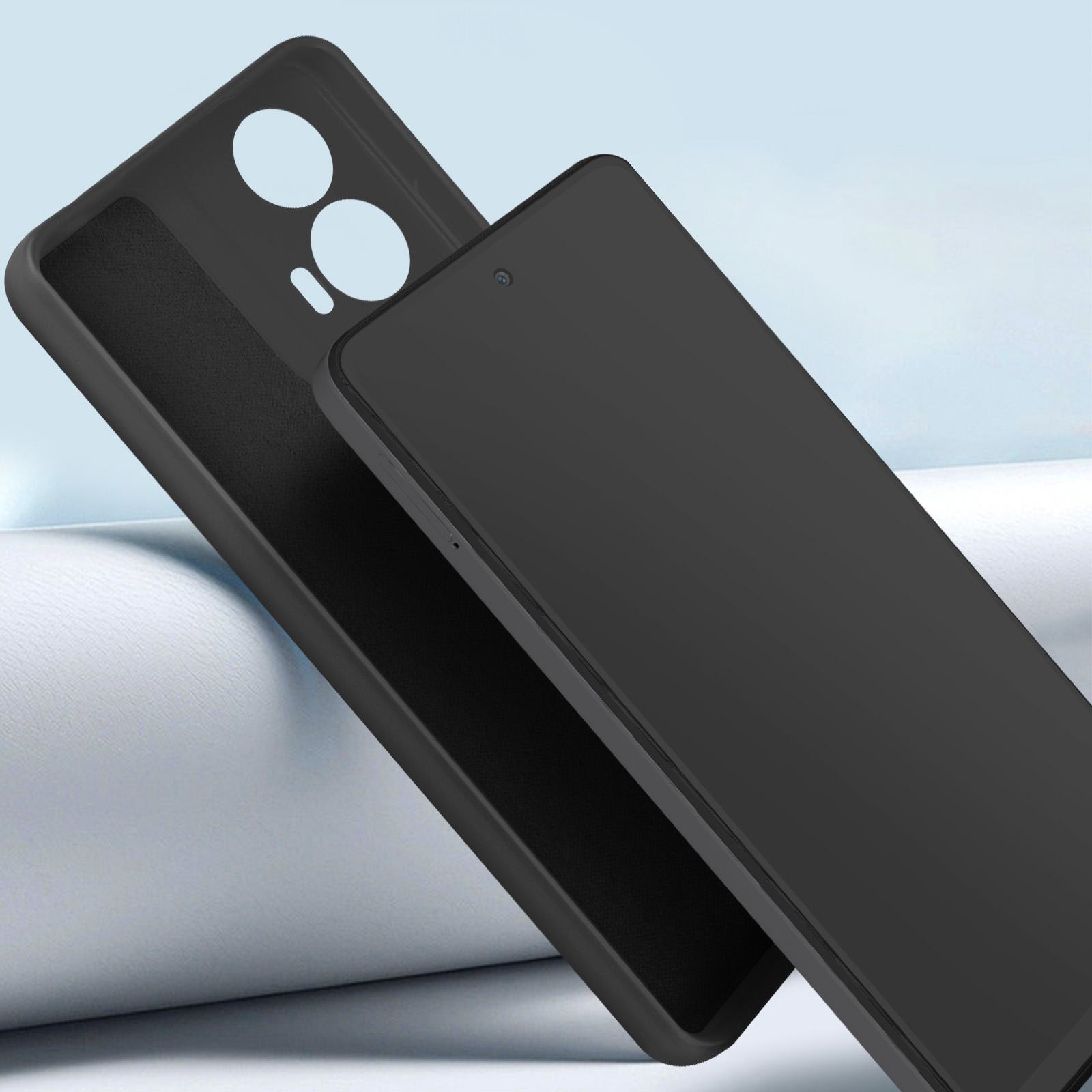 Schwarze Handyhülle mit Telefon darin. Hülle hat Kameraausschnitte und ist offen.