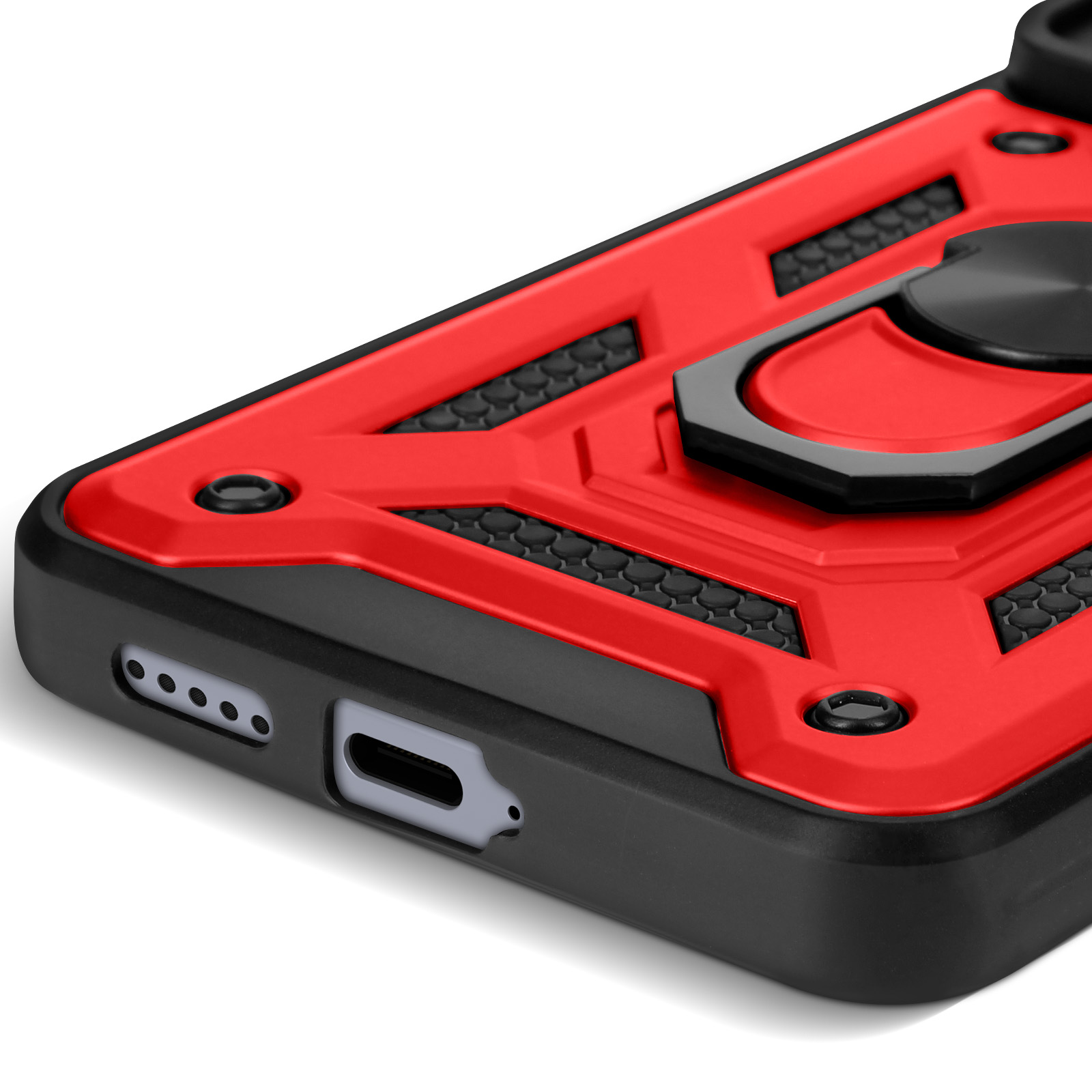 Una custodia per telefono rossa e nera con un anello di supporto nero. La custodia ha un design robusto.