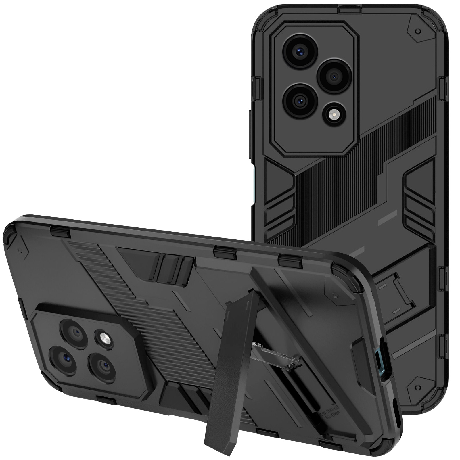 Custodia per telefono nera con cavalletto e design robusto. La custodia è progettata per la protezione del telefono.
