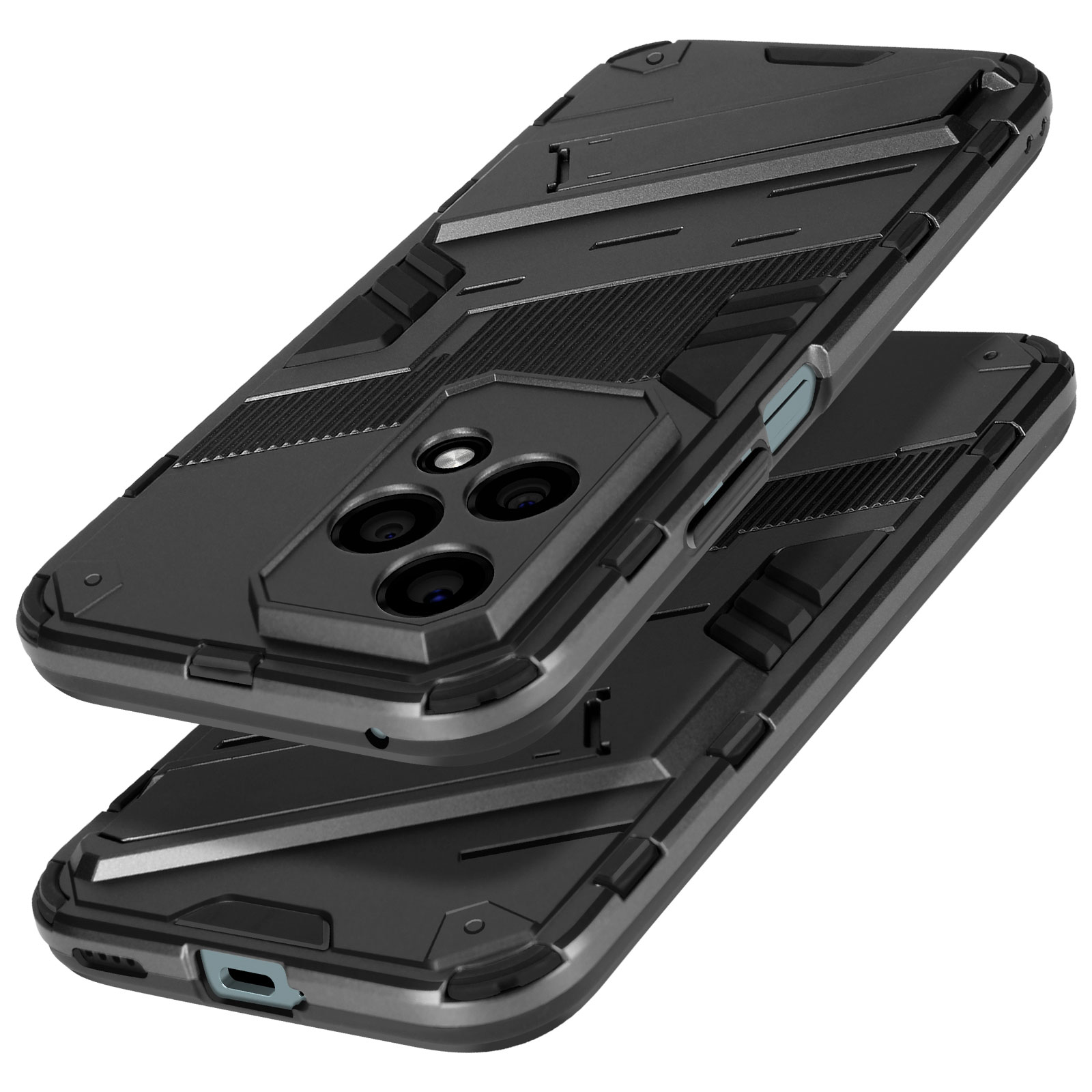 Custodie nere per telefono impilate, che mostrano ritagli per fotocamera, su sfondo bianco.
