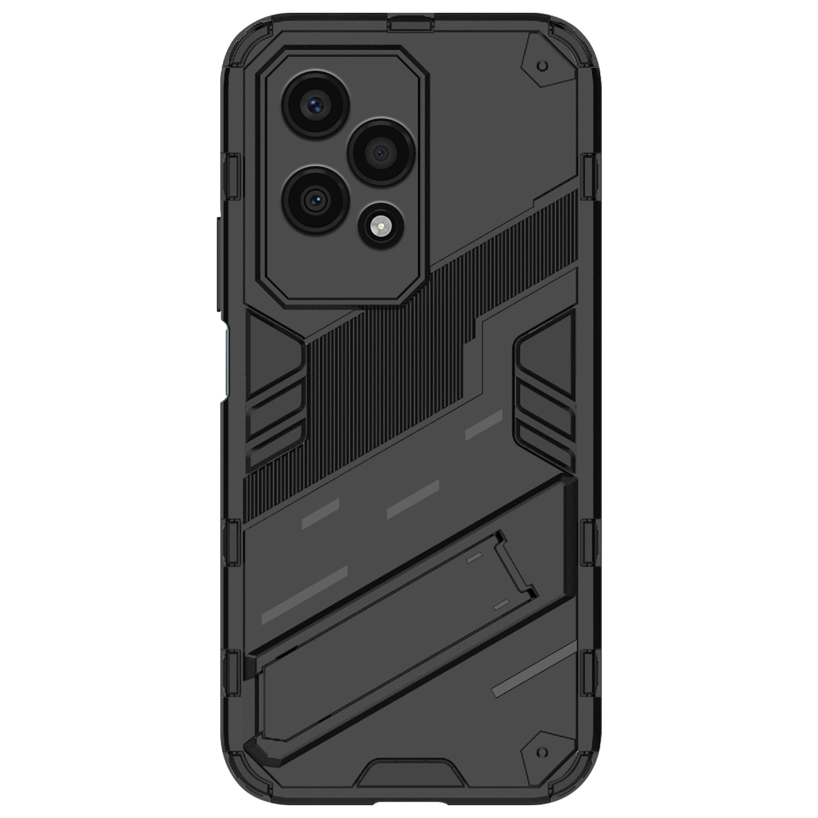 Custodia nera con design geometrico e tre obiettivi. Sfondo nero.