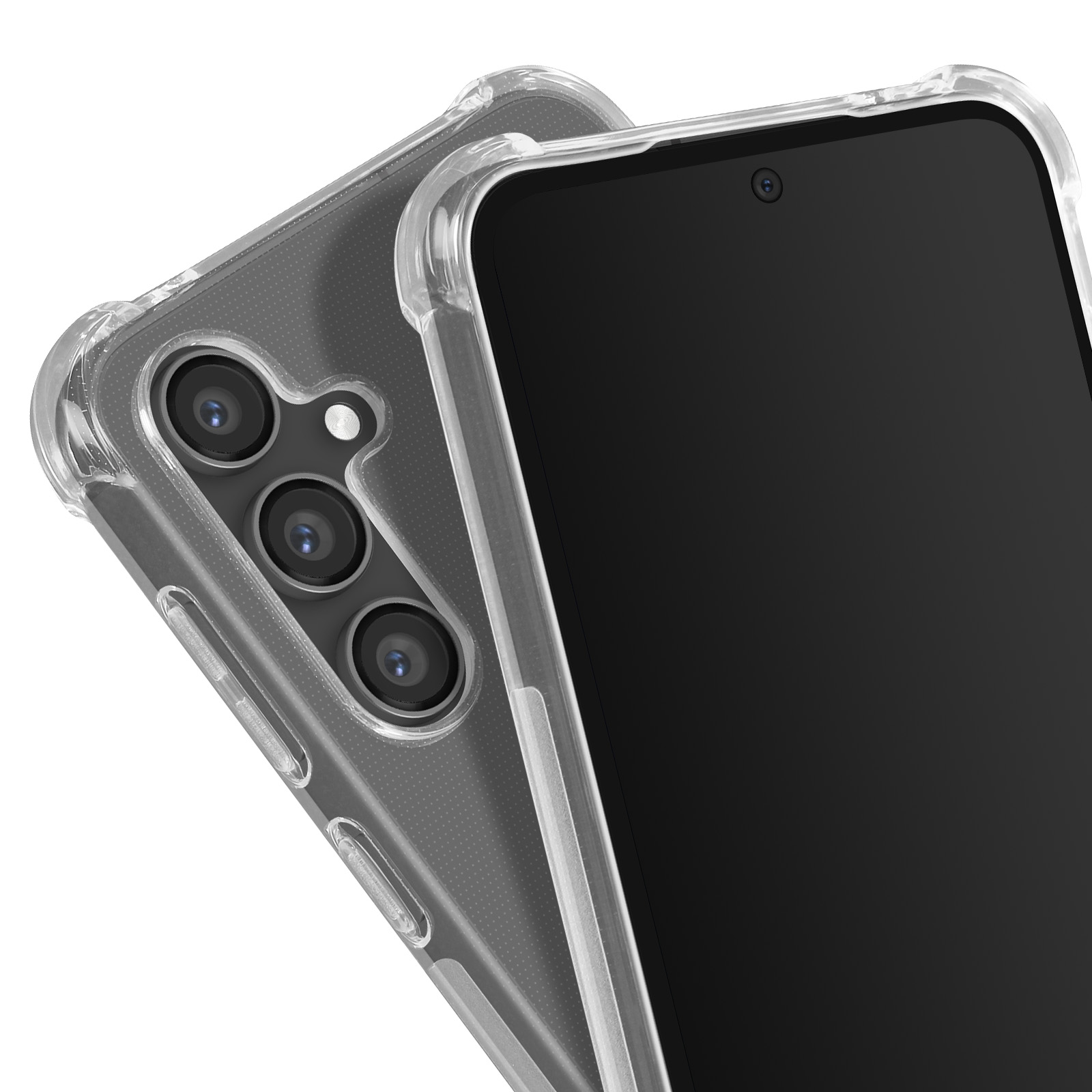 Due telefoni in custodie trasparenti, che mostrano obiettivi della fotocamera e schermi.