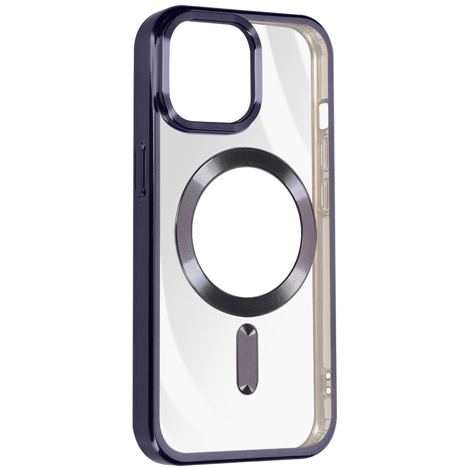 Custodia trasparente con anello e cerchio nero, con telefono dentro.