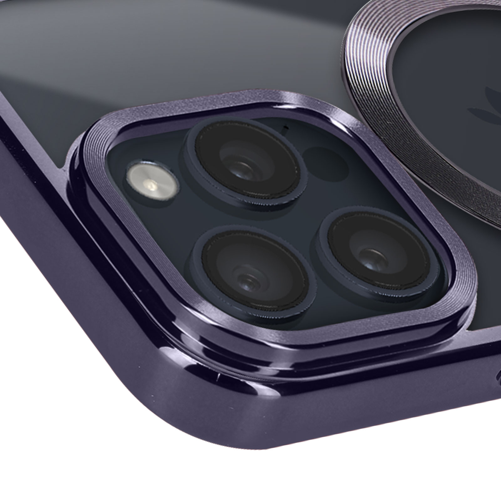 Custodia per telefono con tre fotocamere. La custodia è circondata da un anello viola.