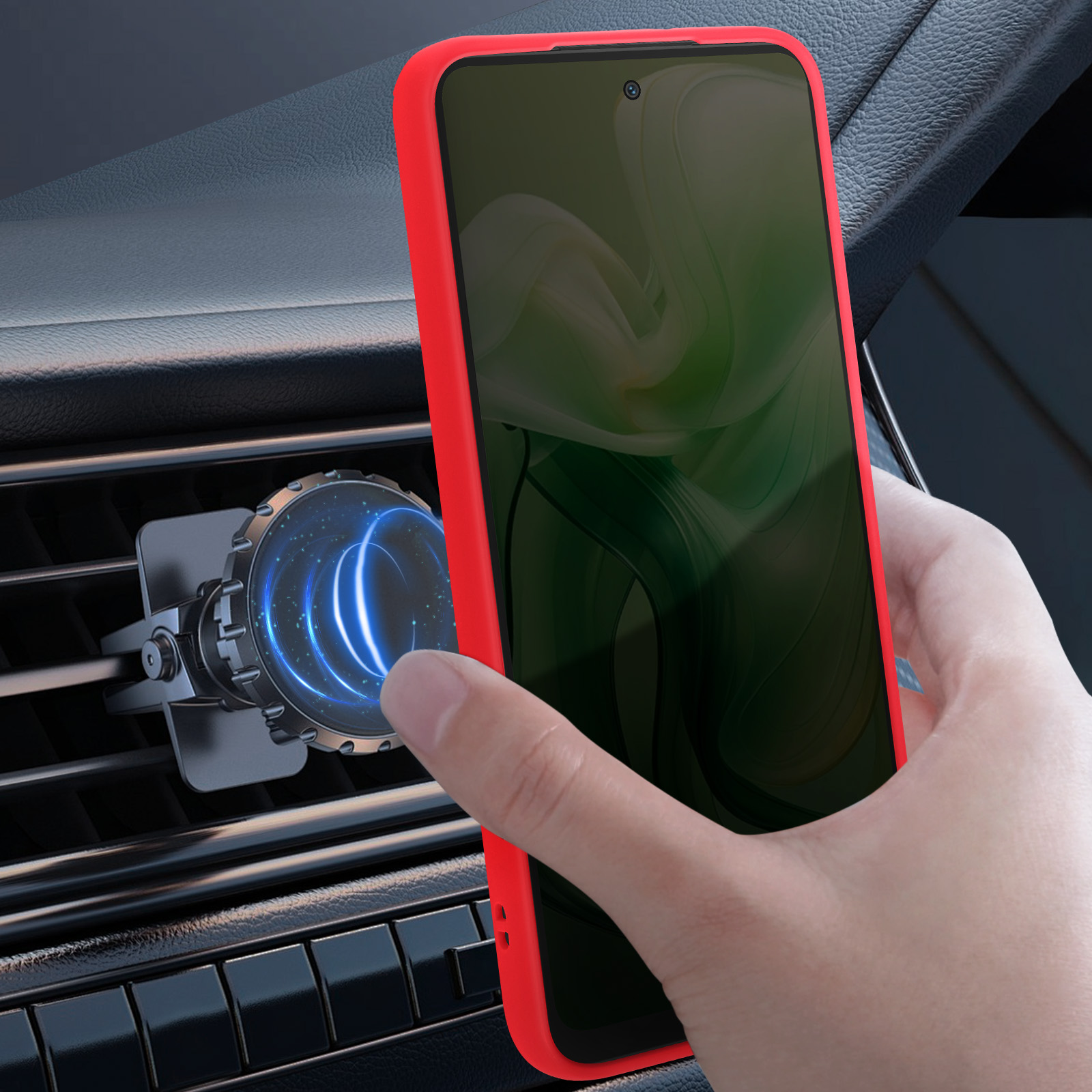 Un telefono con una custodia rossa è posizionato in una presa d'aria dell'auto. Un supporto magnetico per telefono è attaccato alla presa d'aria.