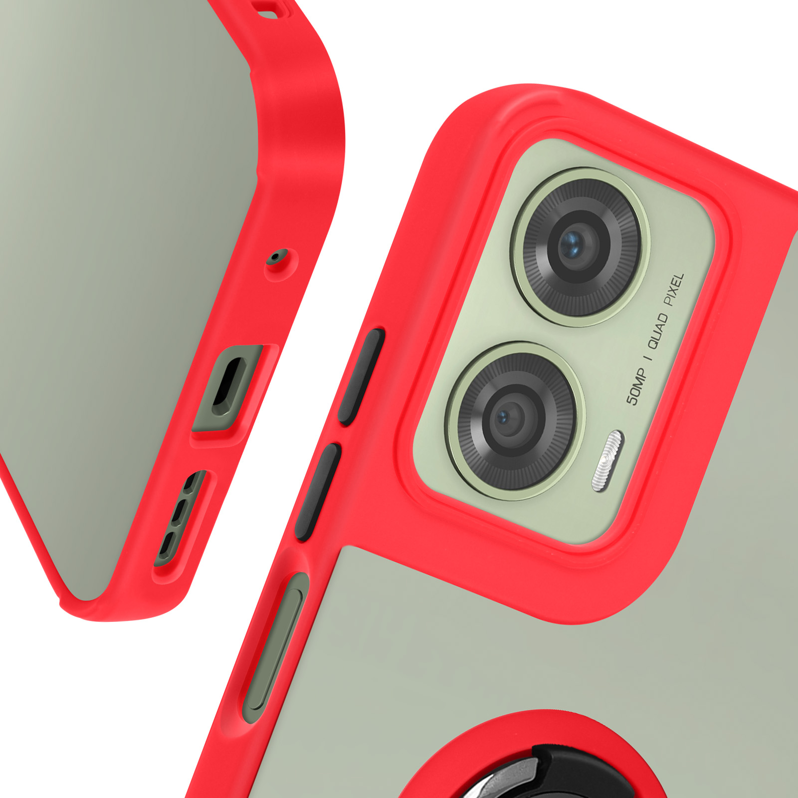 Custodia per telefono rossa e grigia con telefono. Dettagli della fotocamera e pulsanti laterali visibili.
