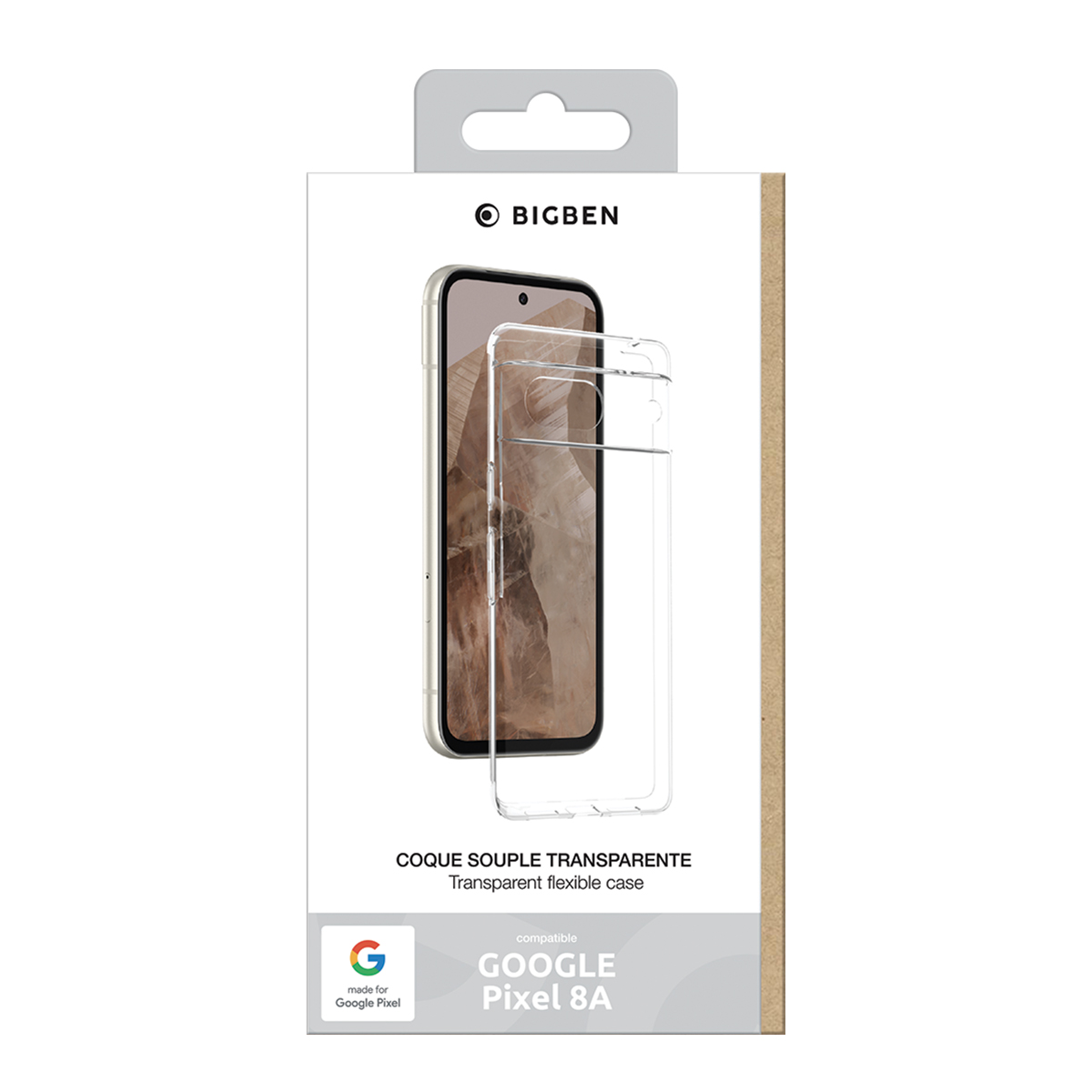 Transparente Handyhüllenverpackung für Google Pixel 8A. Auf der Box steht 'Transparente flexible Hülle'.