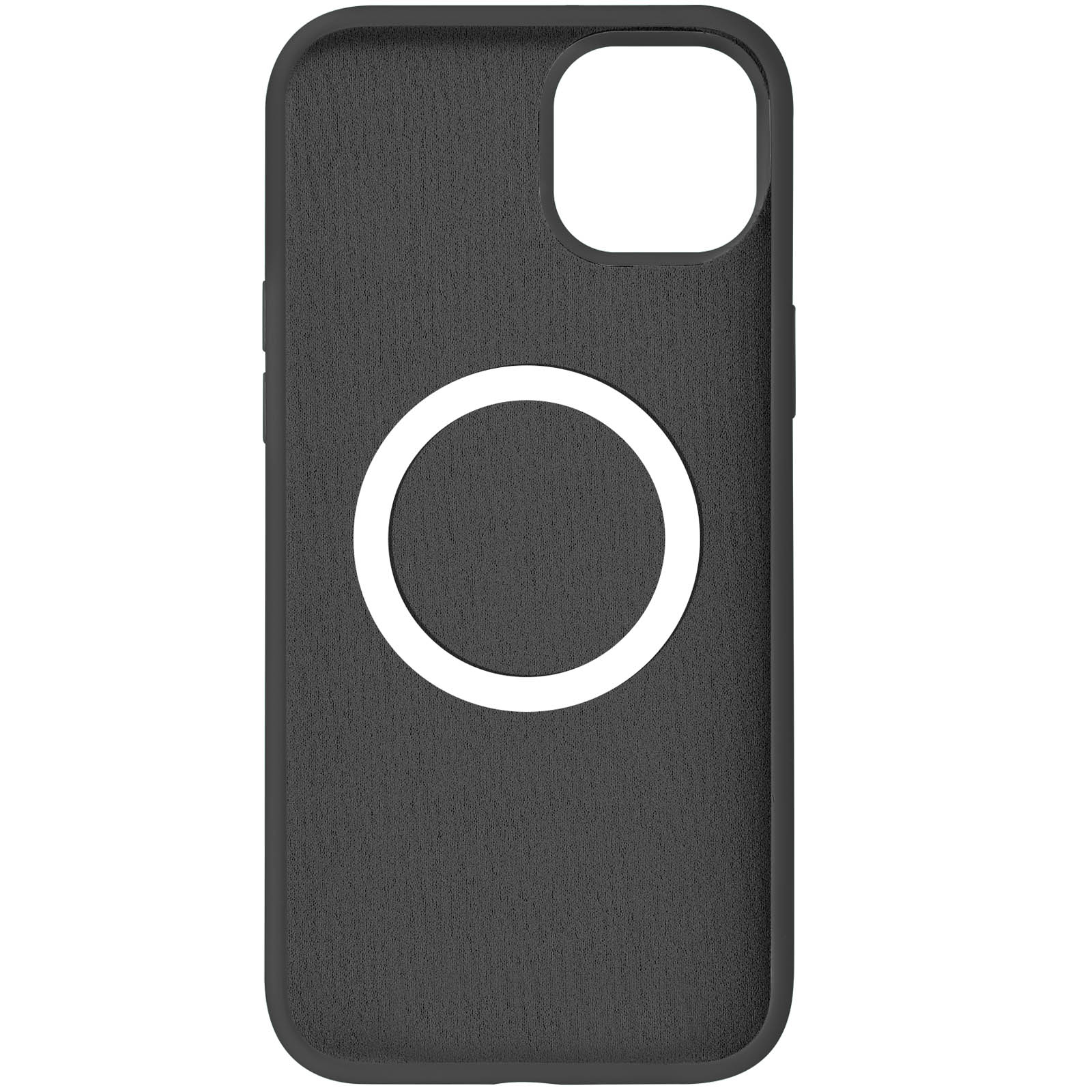 Custodia nera con anello bianco al centro per MagSafe.