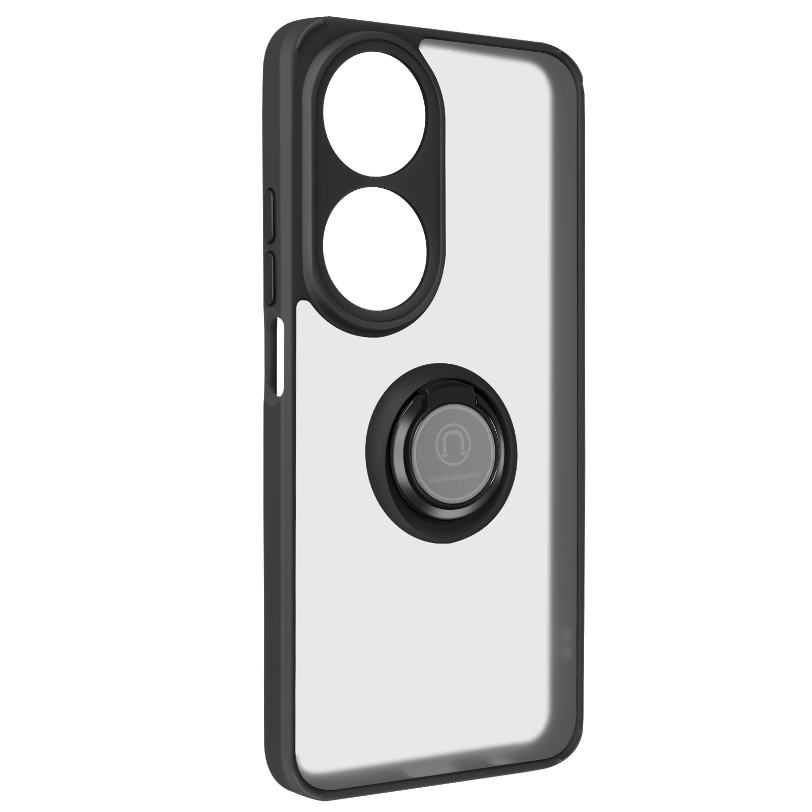 Una custodia per telefono nera con supporto ad anello e retro trasparente.